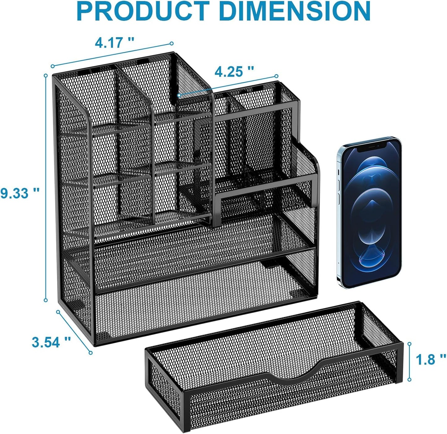 Mesh Pen Holder with Drawer - Multi-Functional Desk Organizer for Office & Art Supplies (Black)