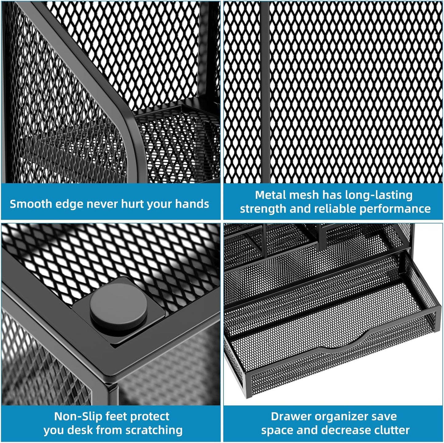 Mesh Pen Holder with Drawer - Multi-Functional Desk Organizer for Office & Art Supplies (Black)