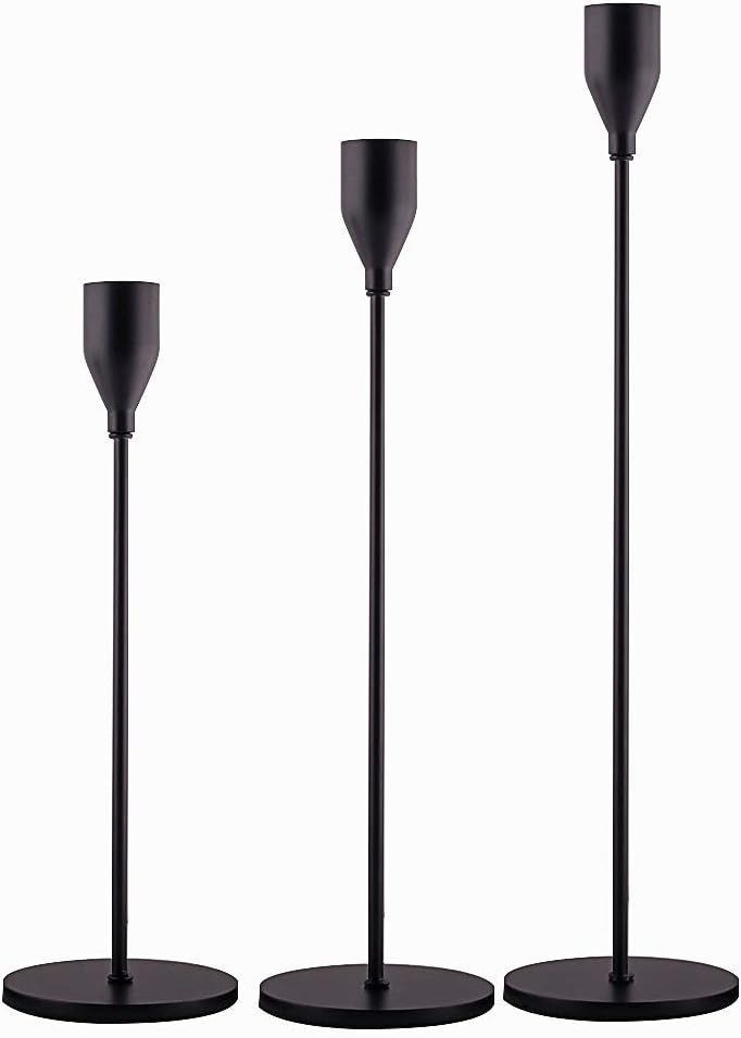 Set of 3 Matte Black Metal Candle Holders – Taper Candlestick Holders for 3/4” Candles & LED