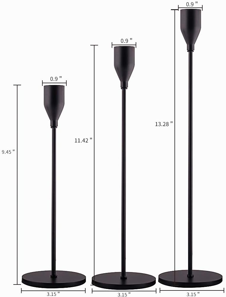 Set of 3 Matte Black Metal Candle Holders – Taper Candlestick Holders for 3/4” Candles & LED