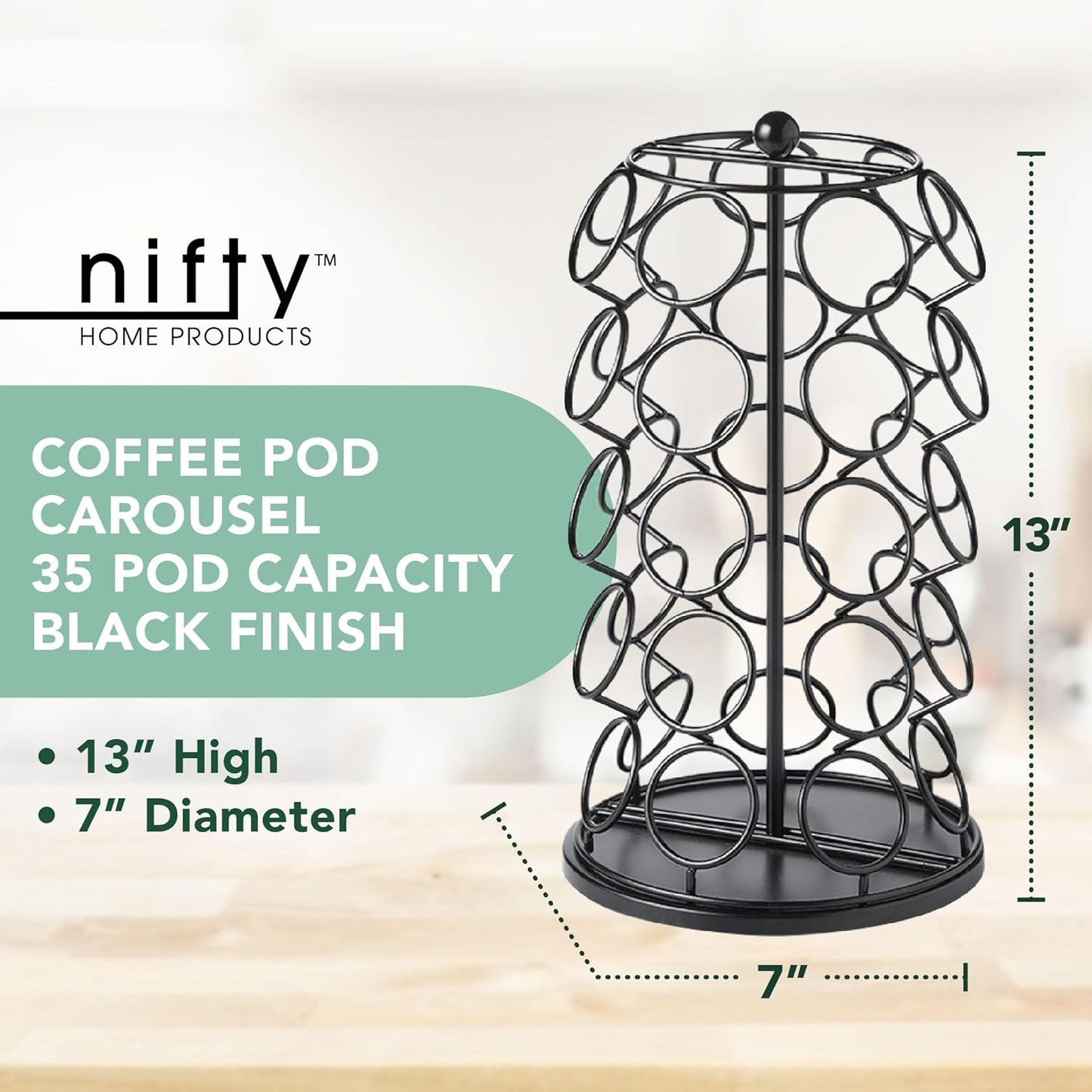 Nifty 35 K-Cup Holder Carousel - 360° Spinning Coffee Pod Organizer, Black
