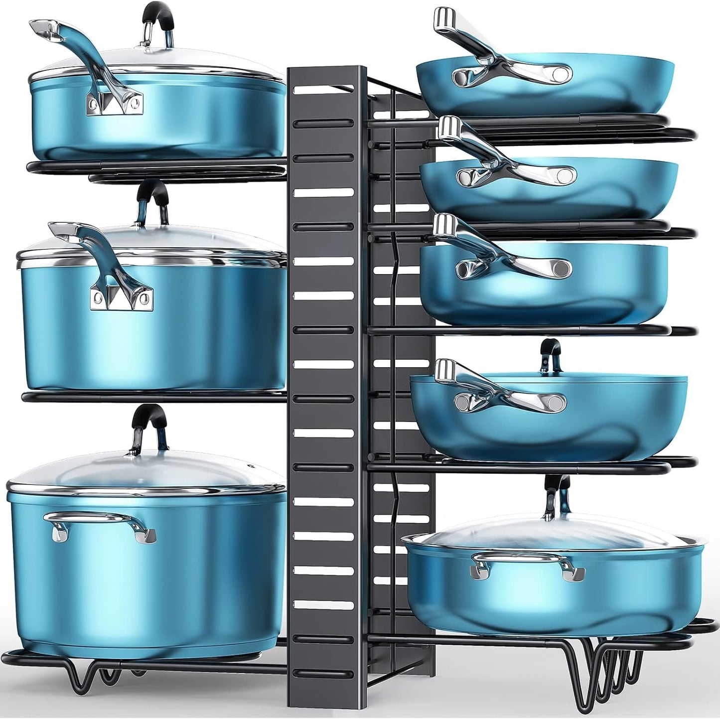 8-Tier Pot & Pan Rack – Adjustable Cabinet Organizer with 3 DIY Setups