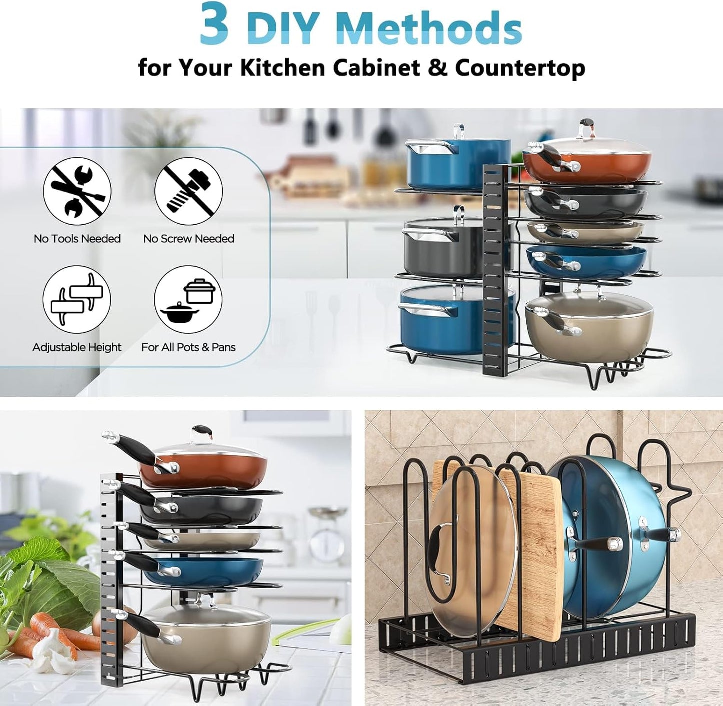 8-Tier Pot & Pan Rack – Adjustable Cabinet Organizer with 3 DIY Setups