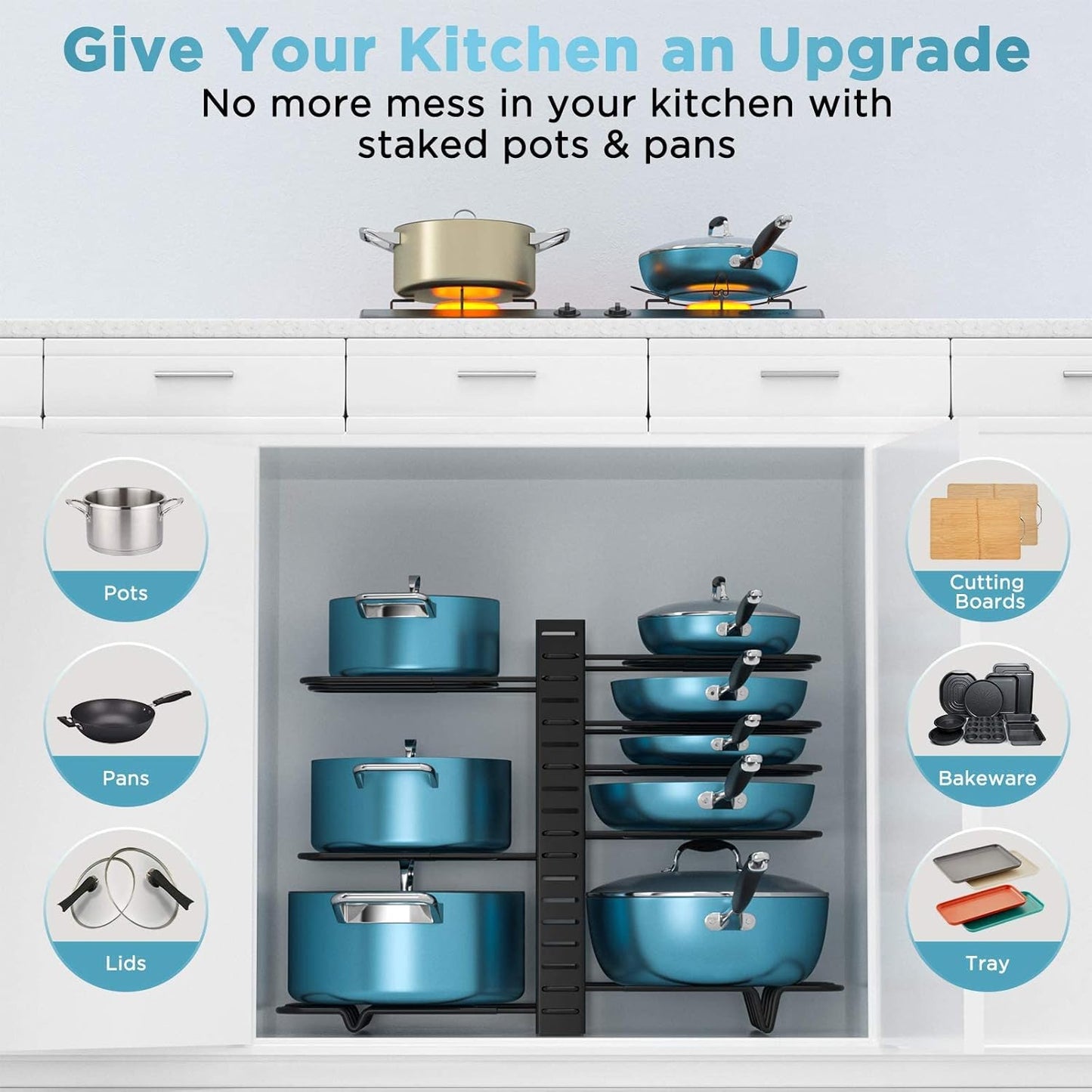 8-Tier Pot & Pan Rack – Adjustable Cabinet Organizer with 3 DIY Setups