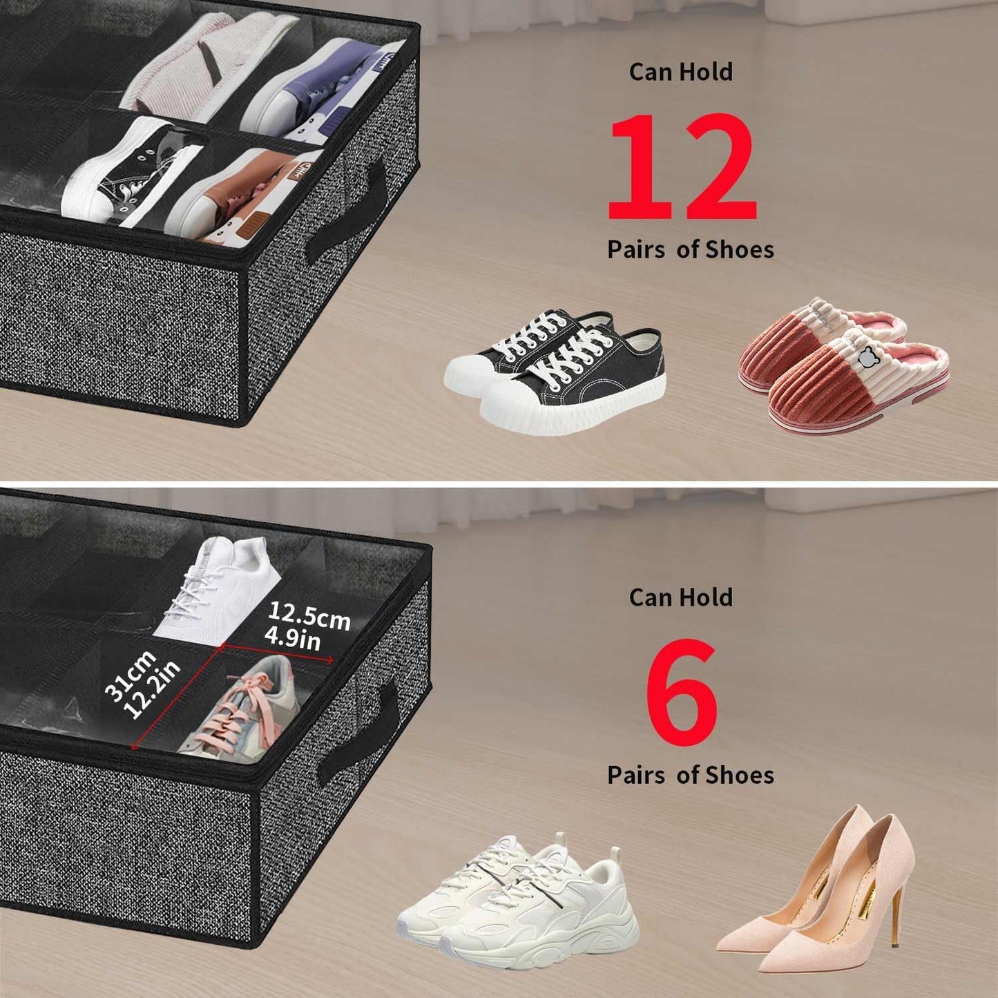 Under Bed Shoe Storage Organizer, Set of 2, Fits 12-24 Pairs, Clear Window, Black