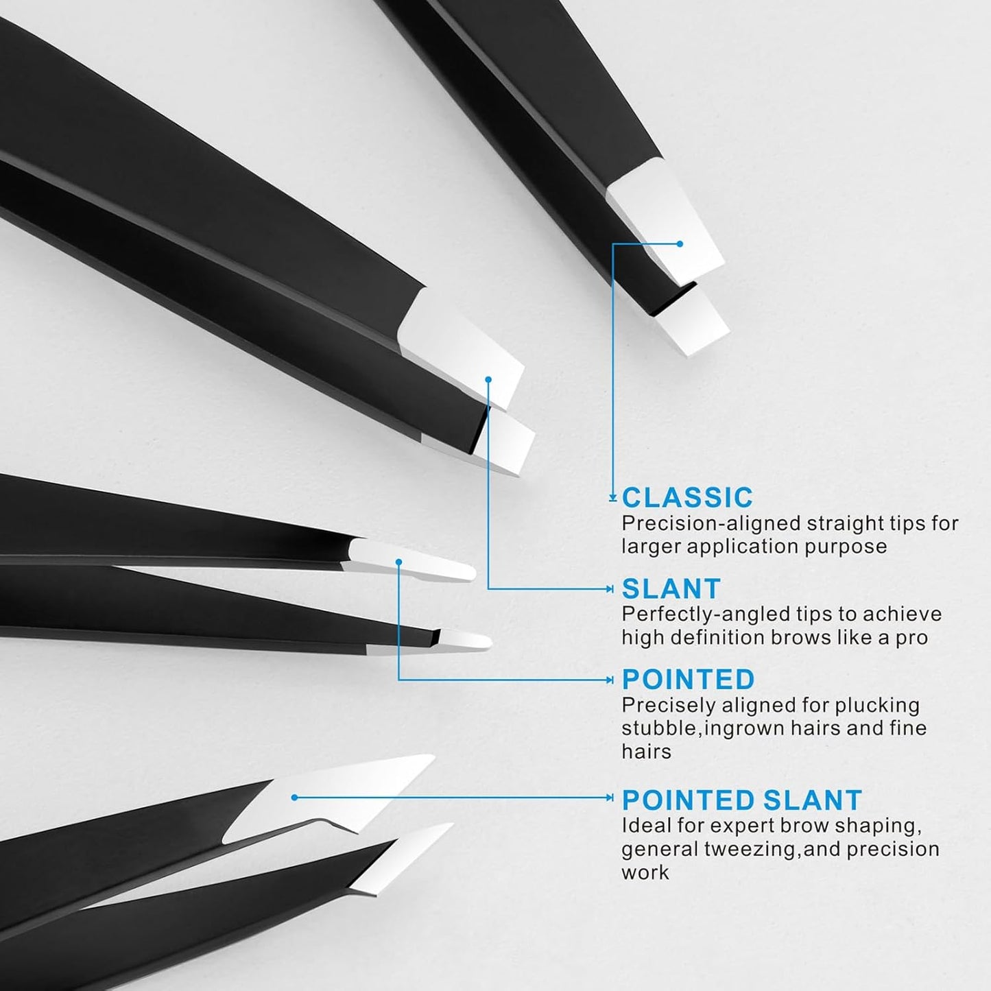 Tweezers Set – Professional Stainless Steel for Eyebrows, Precision Facial Hair, Splinter & Ingrown Hair Removal, Black
