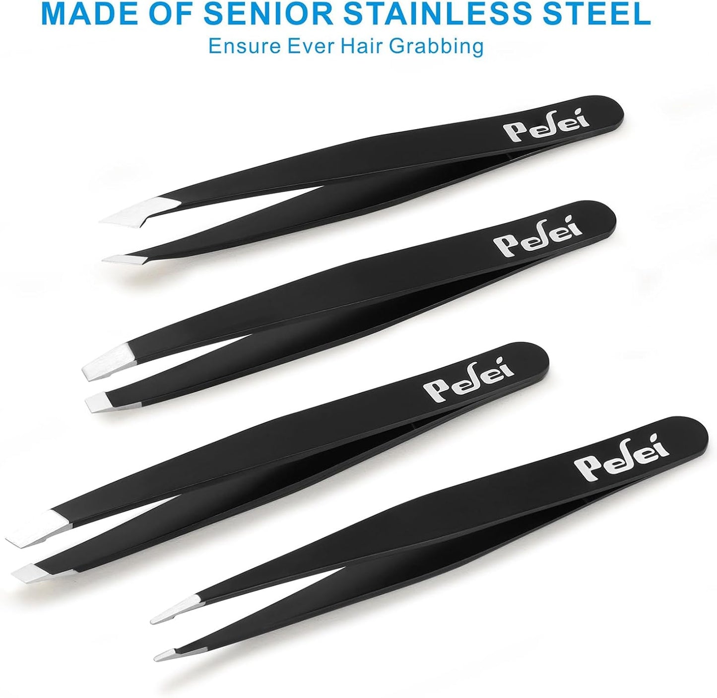 Tweezers Set – Professional Stainless Steel for Eyebrows, Precision Facial Hair, Splinter & Ingrown Hair Removal, Black