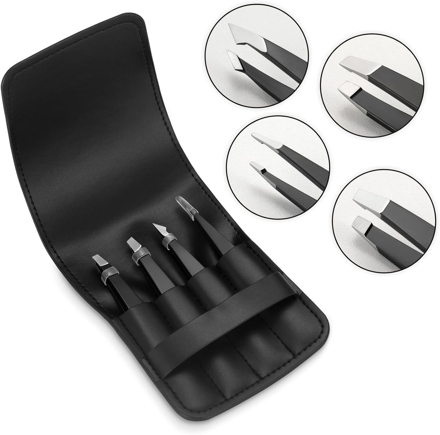 Tweezers Set – Professional Stainless Steel for Eyebrows, Precision Facial Hair, Splinter & Ingrown Hair Removal, Black
