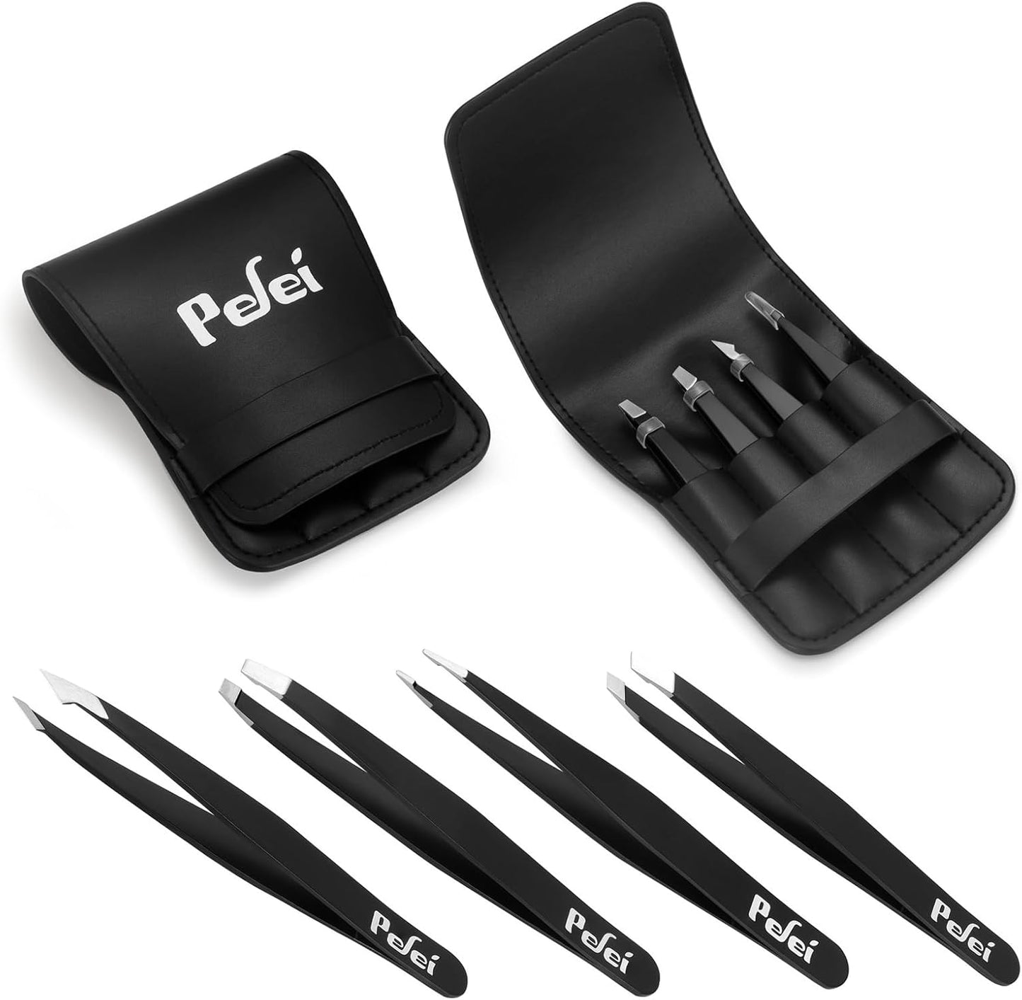 Tweezers Set – Professional Stainless Steel for Eyebrows, Precision Facial Hair, Splinter & Ingrown Hair Removal, Black
