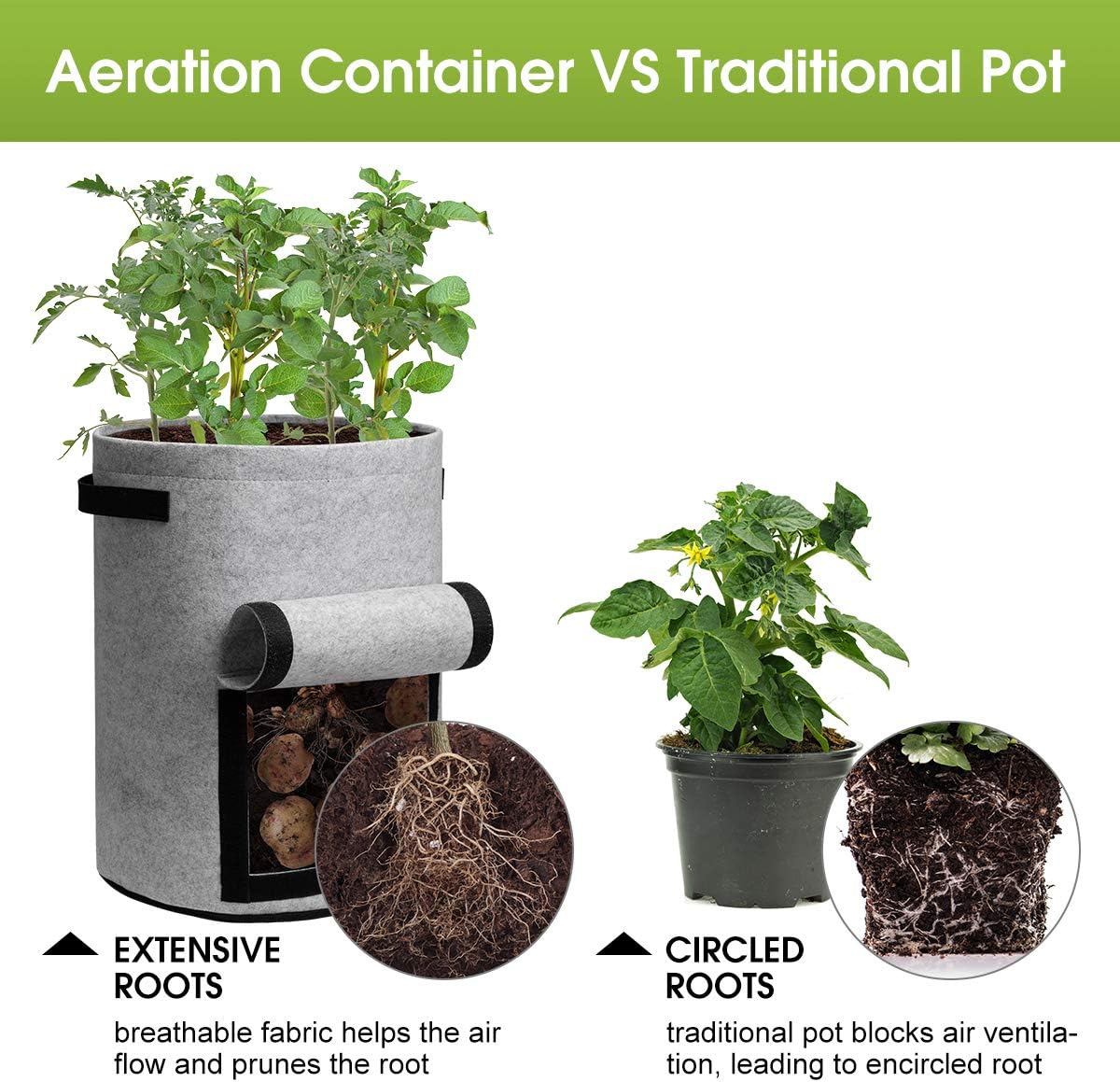 4-Pack 10-Gallon Potato Grow Bags with Flap – Planter Pots with Handles & Harvest Window (Black/Gray) for Vegetables & Tomatoes