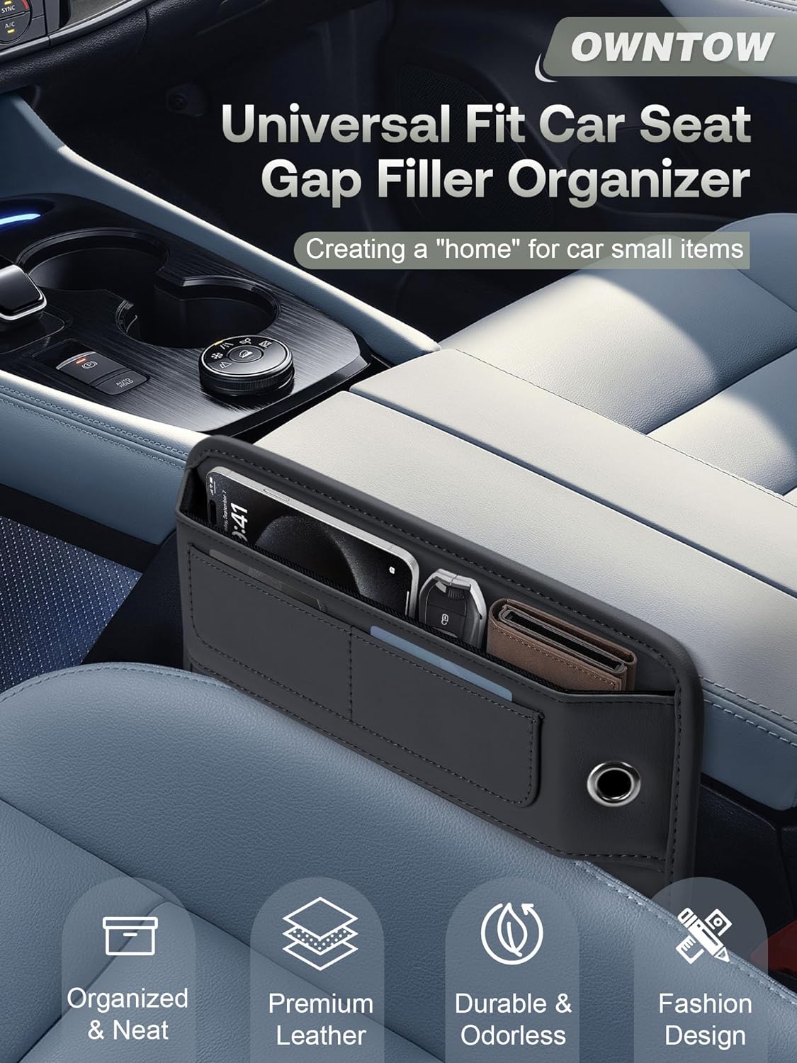 Leather Car Seat Gap Filler – Universal Organizer with Card Slots (Black)