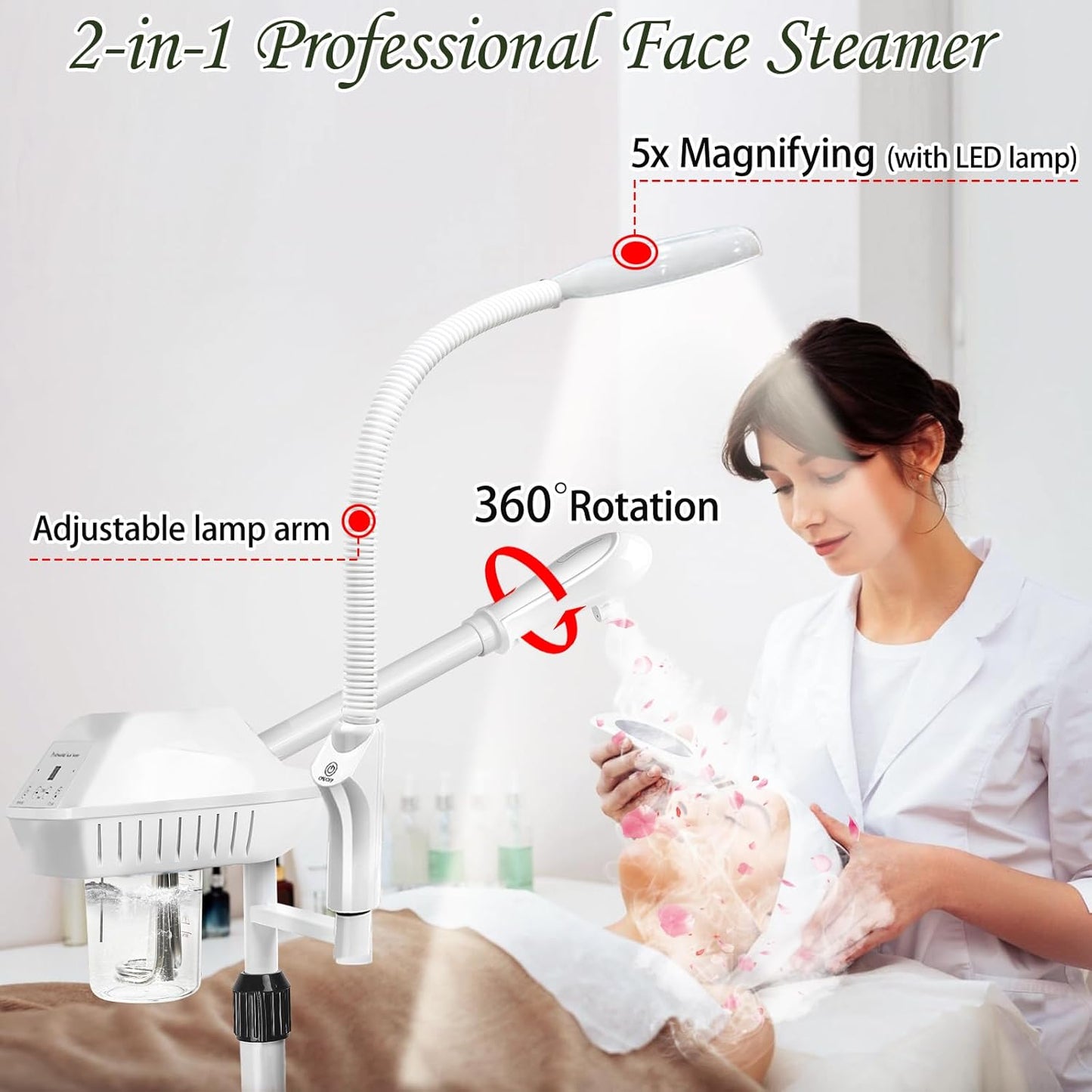 Professional 2-in-1 Facial Steamer – Ozone Steamer with 5X Magnifying Lamp for Deep Hydration & Cleansing