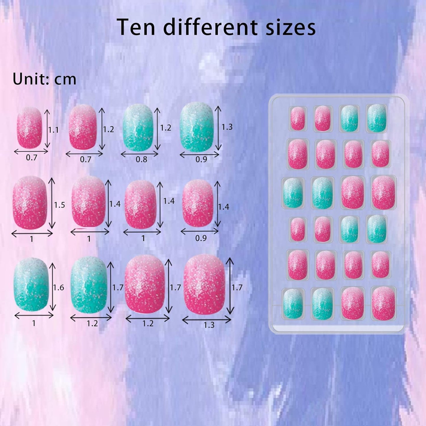 120 Pcs Kids Acrylic Fake Nails - 5-Pack Glitter Gradient Rainbow Press-On Full Cover Nail Art Set for Little Girls
