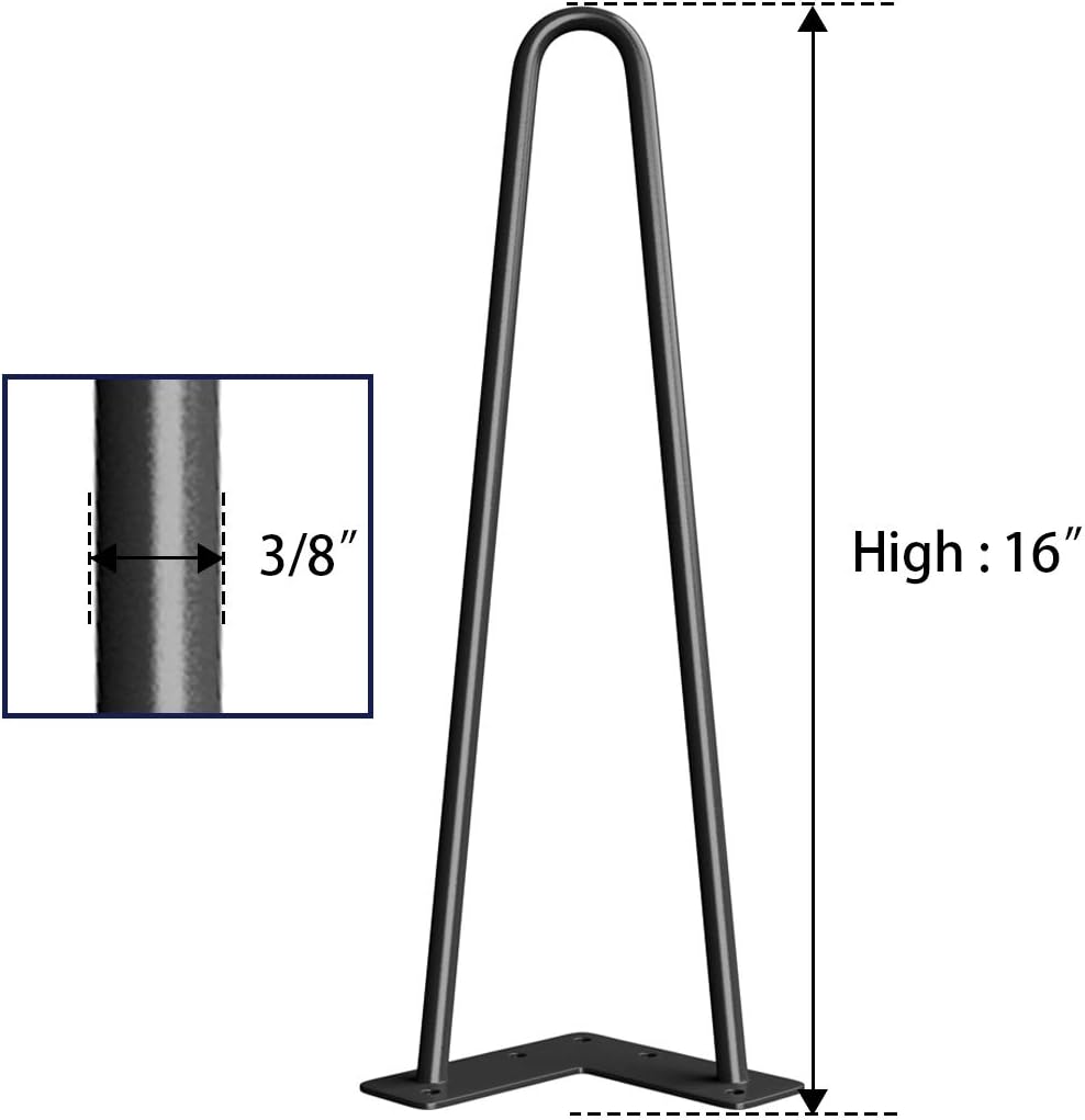 16'' Metal Hairpin Furniture Legs with Rubber Protectors – DIY for Nightstand, Coffee Table, Desk (Black, 4PCS)