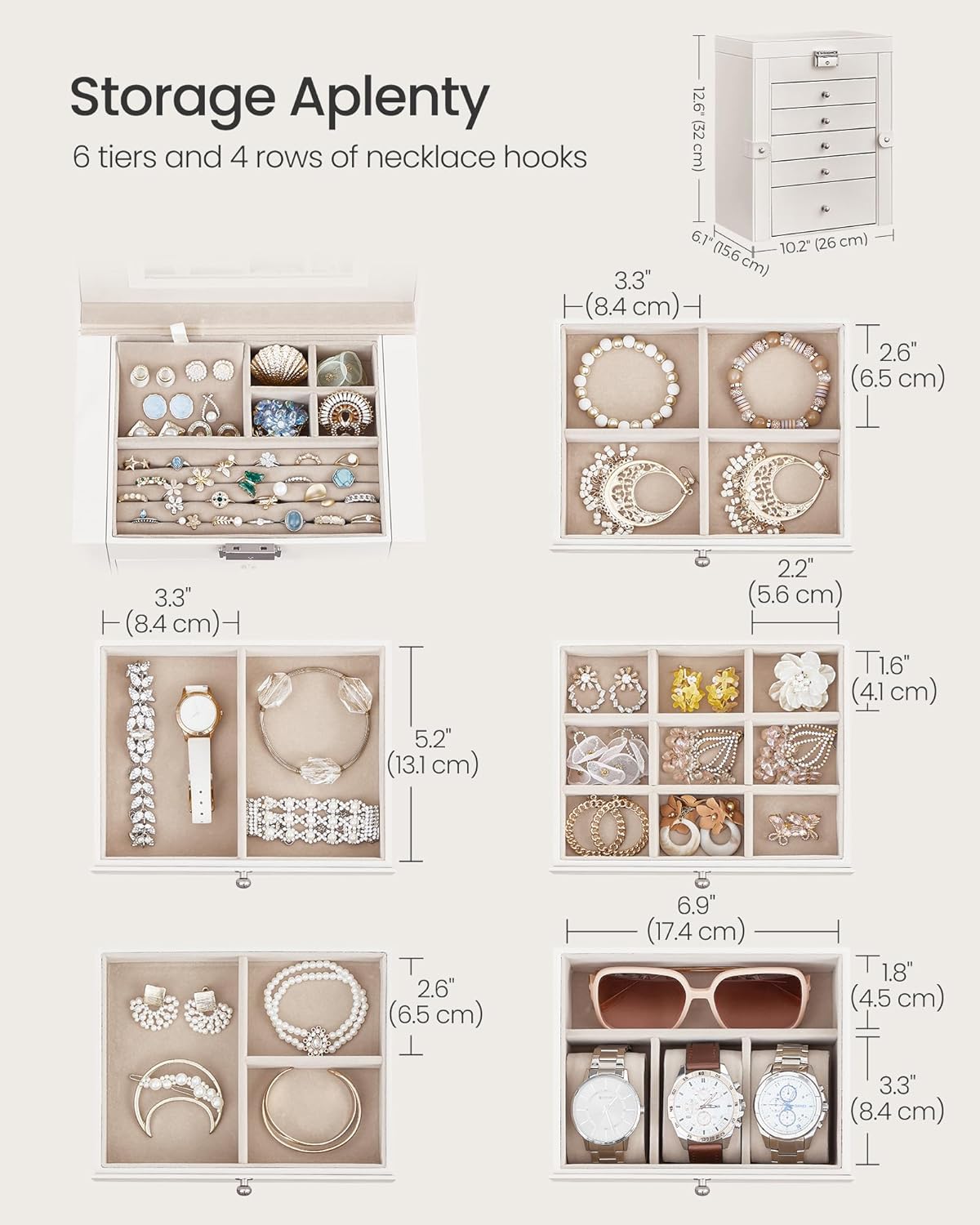 6-Tier Lockable Jewelry Box with Mirror – Large Jewelry Organizer with 5 Drawers for Watches & Accessories
