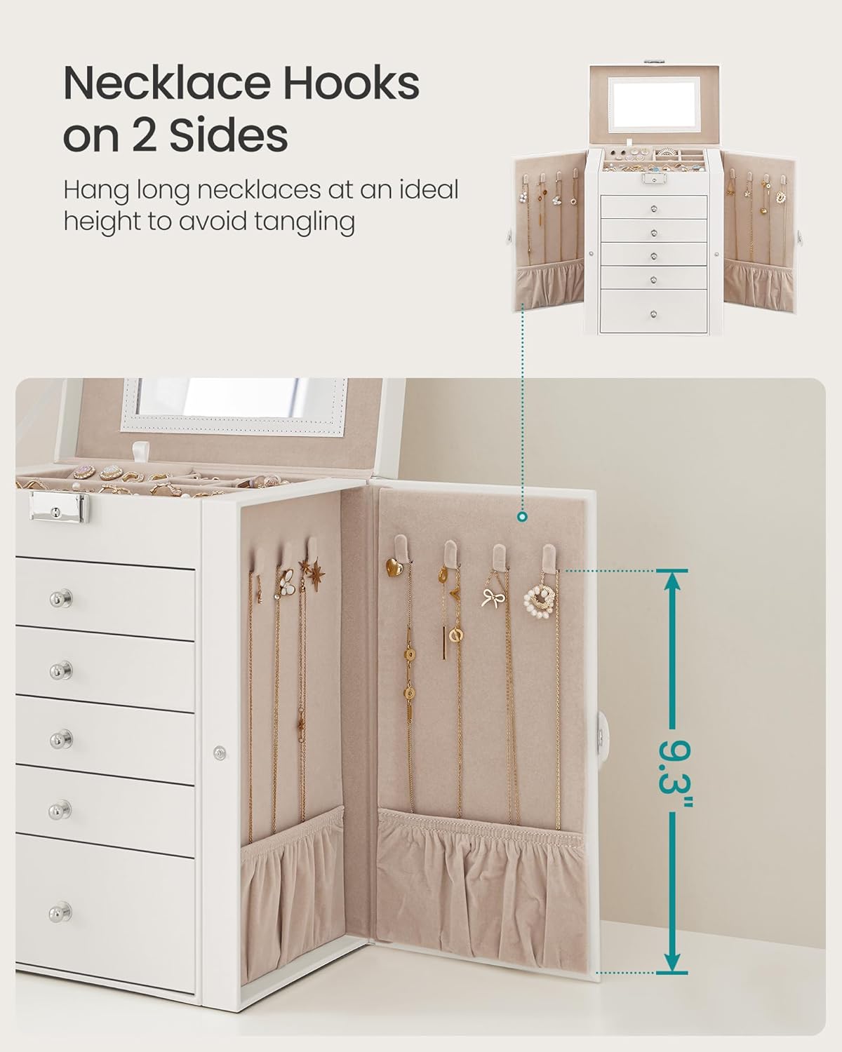 6-Tier Lockable Jewelry Box with Mirror – Large Jewelry Organizer with 5 Drawers for Watches & Accessories