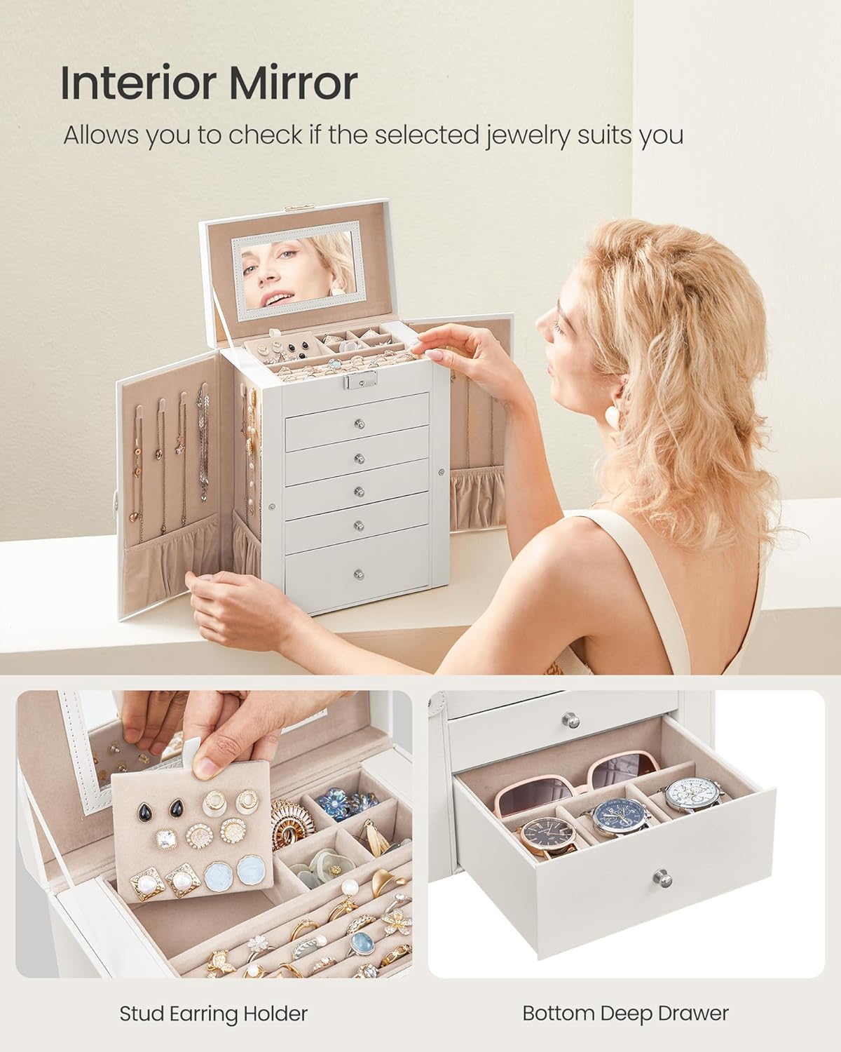 6-Tier Lockable Jewelry Box with Mirror – Large Jewelry Organizer with 5 Drawers for Watches & Accessories