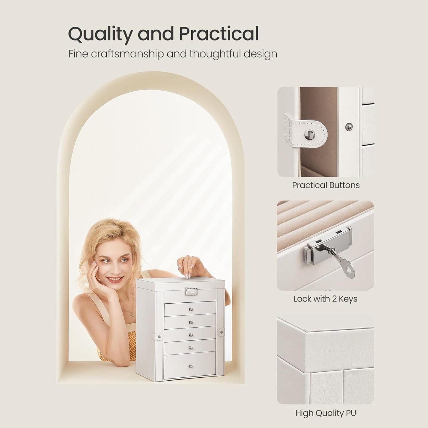 6-Tier Lockable Jewelry Box with Mirror – Large Jewelry Organizer with 5 Drawers for Watches & Accessories-Smart Price