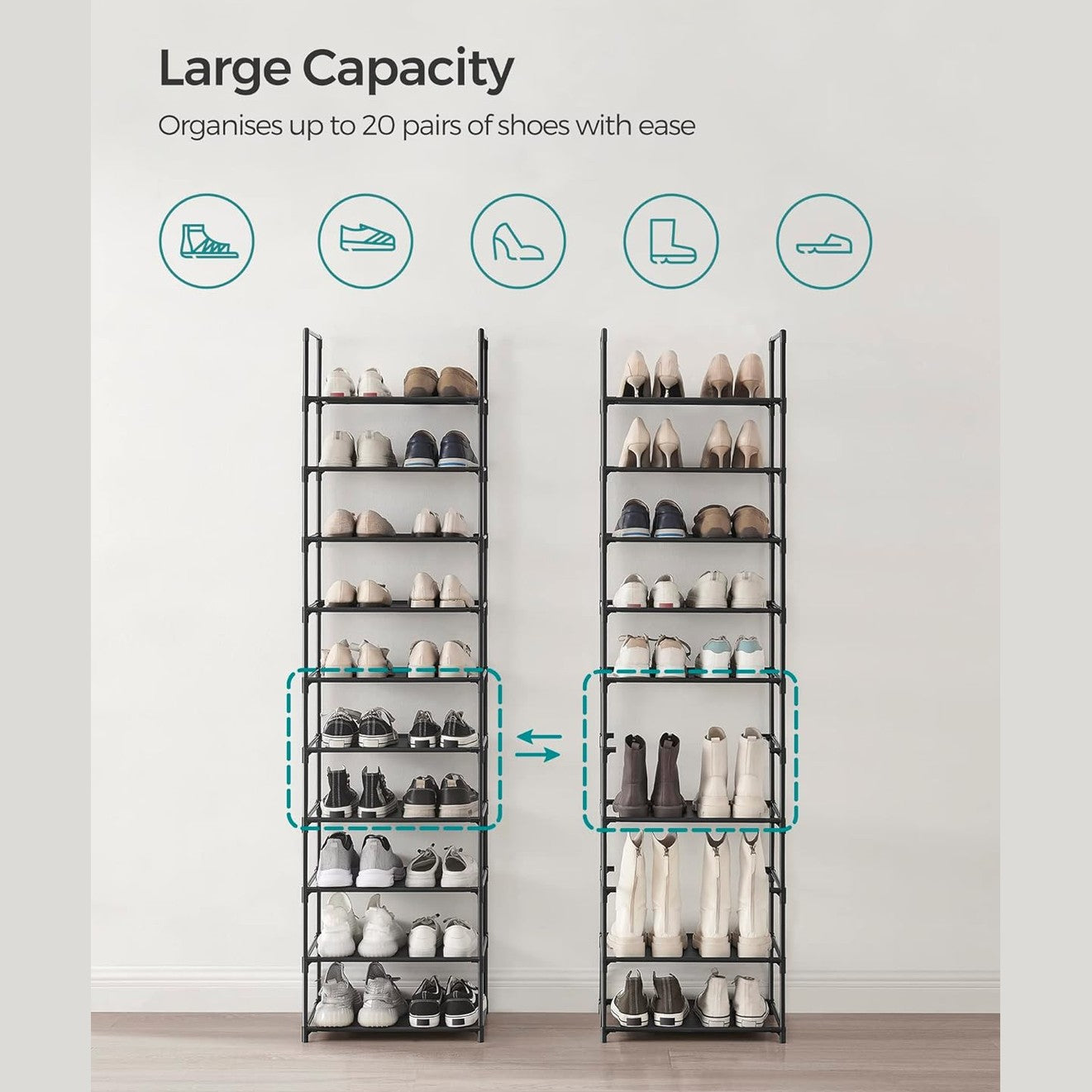 10-Tier Shoe Rack Organizer – Space-Saving Metal Frame with Fabric Shelves (Black)-Smart Price