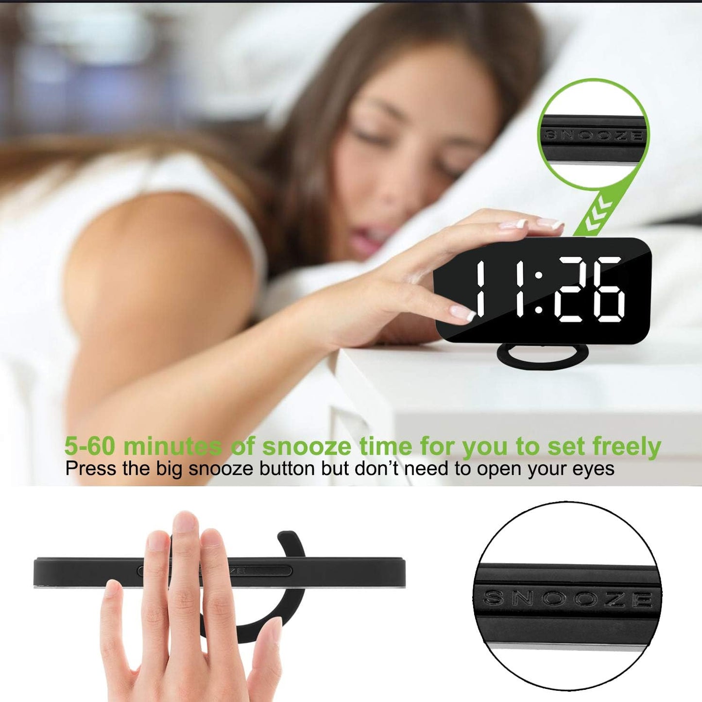 Digital Alarm Clock with Large LED Display - Mirror Surface, Dimming Mode, USB Ports, Modern