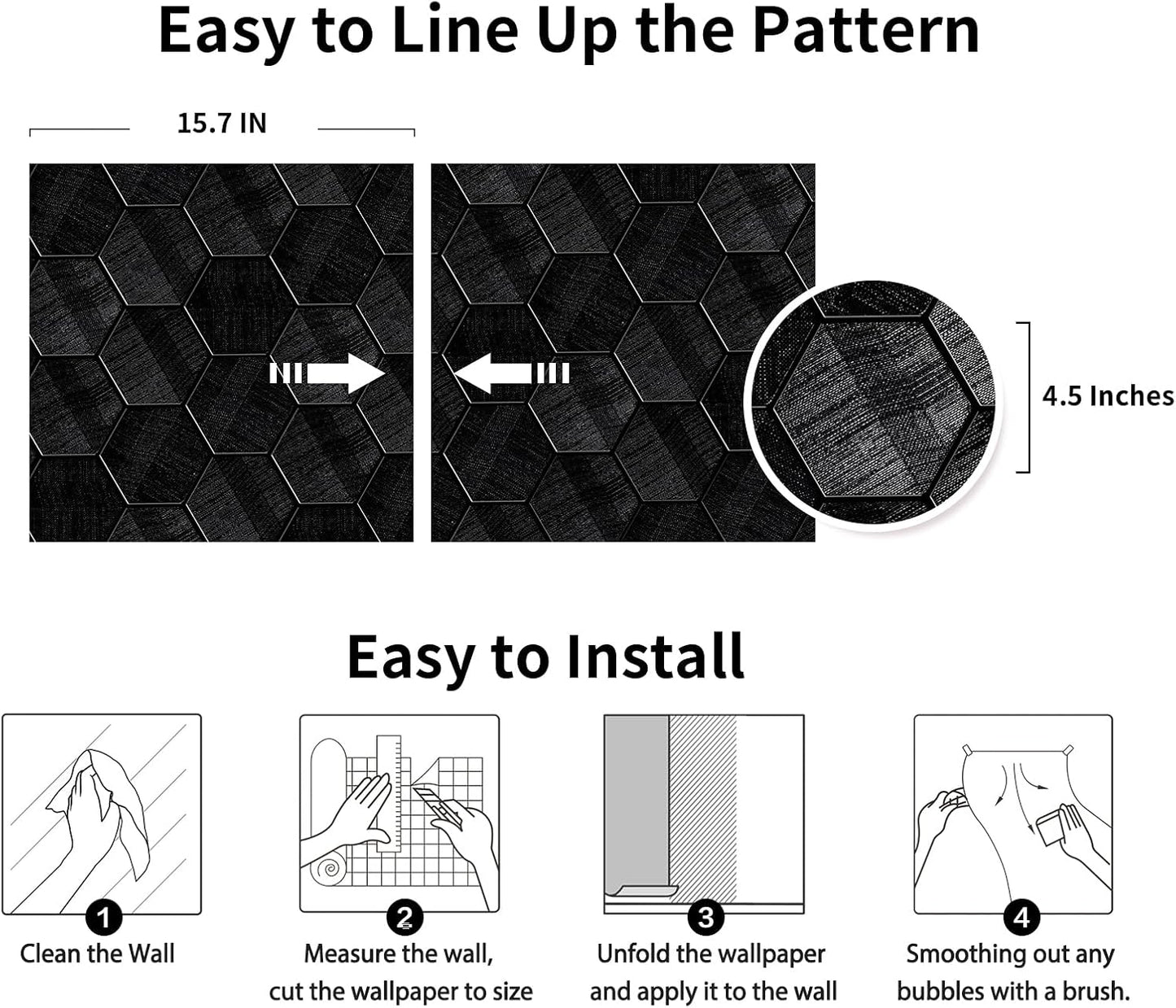 Black 3D Hexagon Peel and Stick Wallpaper – 15.7" x 118" Embossed Geometric Contact Paper, Self-Adhesive, Removable, Textured Wall Paper