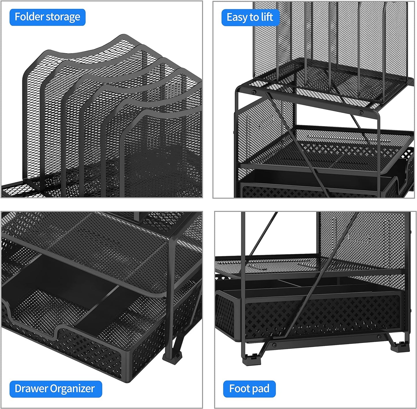 Mesh Desk Organizer with Drawer – Double Tray & 5 Sections File Holder, Black