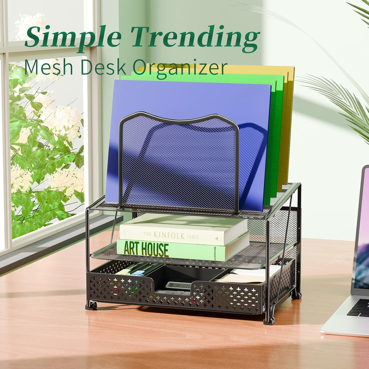 Mesh Desk Organizer with Drawer – Double Tray & 5 Sections File Holder, Black