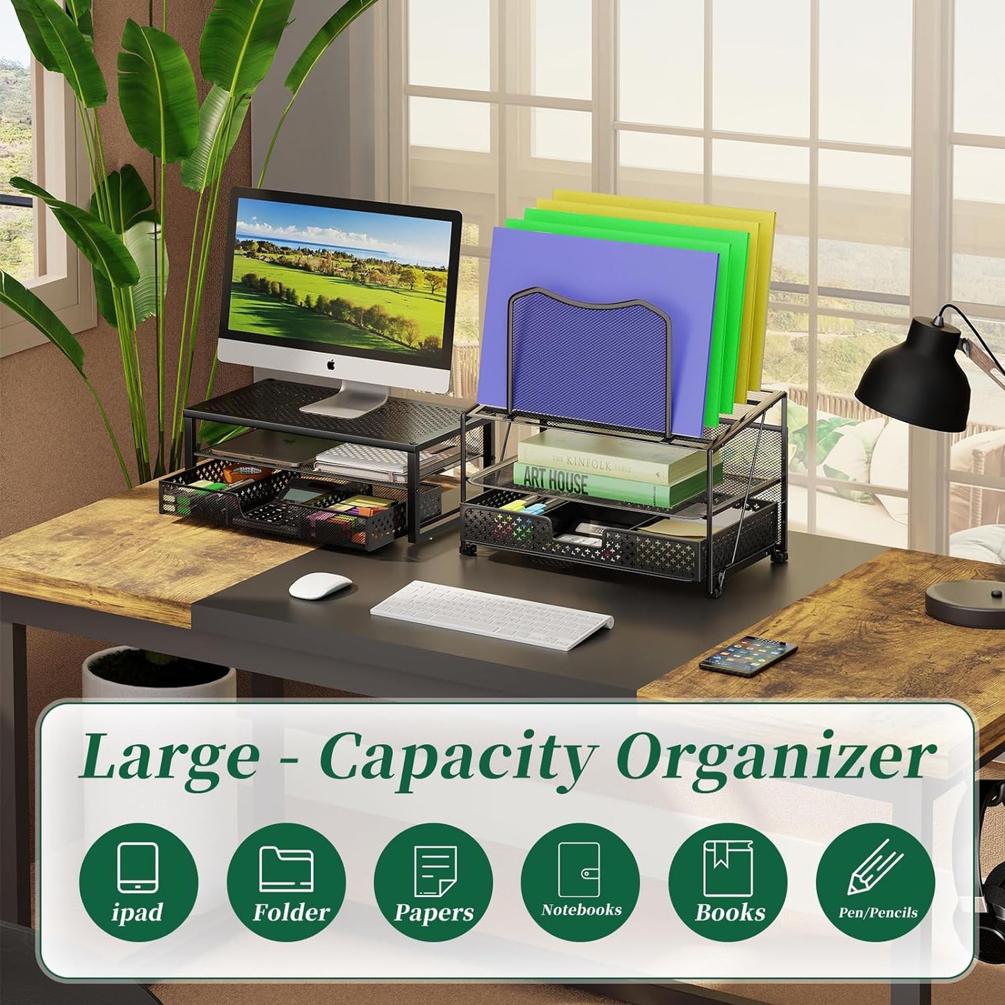Mesh Desk Organizer with Drawer – Double Tray & 5 Sections File Holder, Black