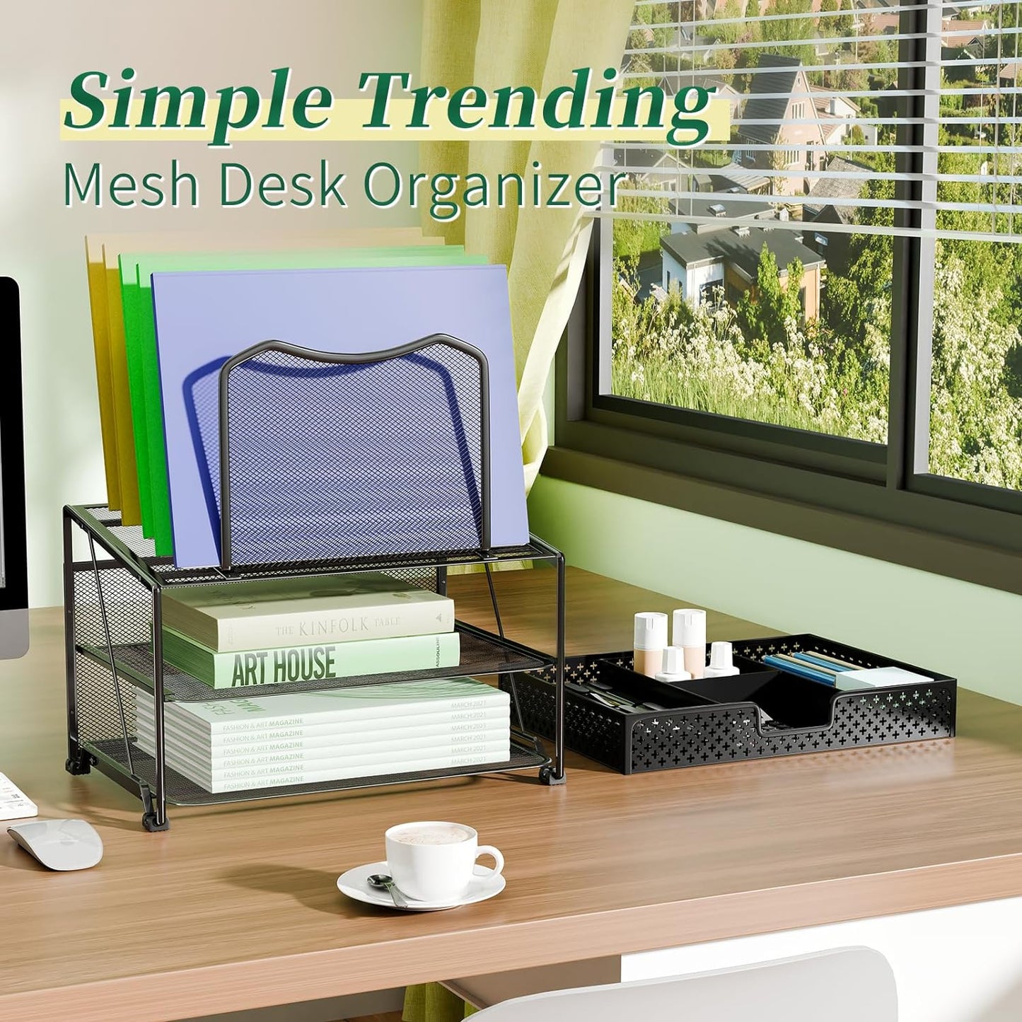 Mesh Desk Organizer with Drawer – Double Tray & 5 Sections File Holder, Black