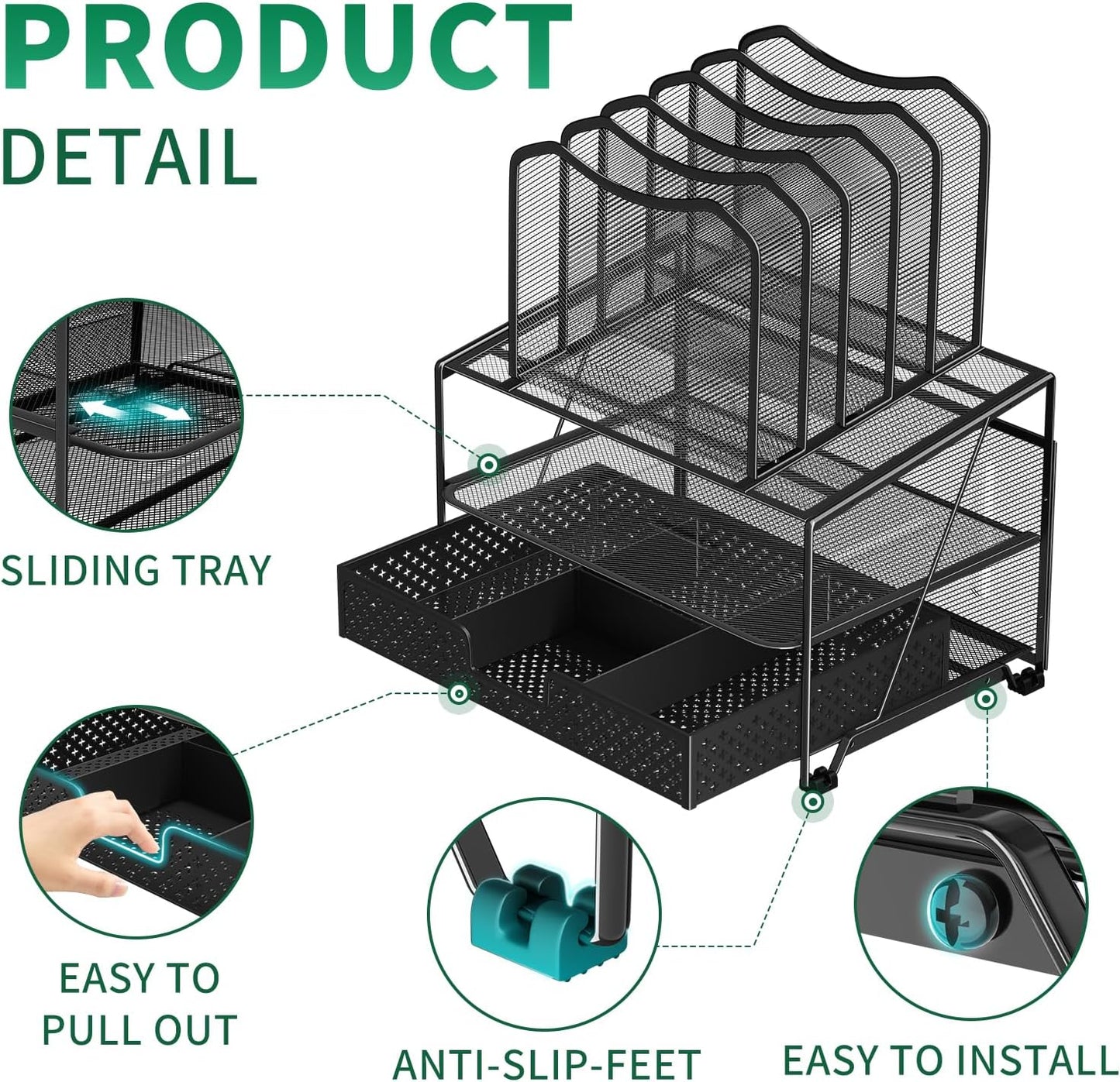 Mesh Desk Organizer with Drawer – Double Tray & 5 Sections File Holder, Black