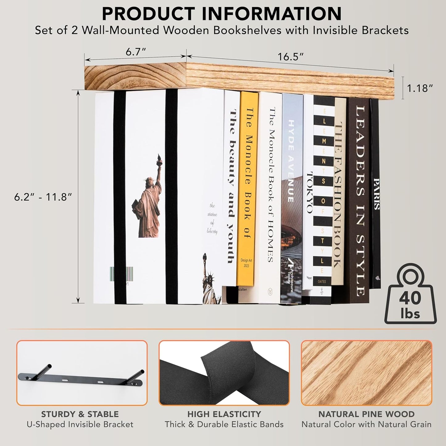 Floating Wall Bookshelves Set of 2 – Rustic Upside Down Space-Saving Book Shelves for Bedroom & Living Room Decor