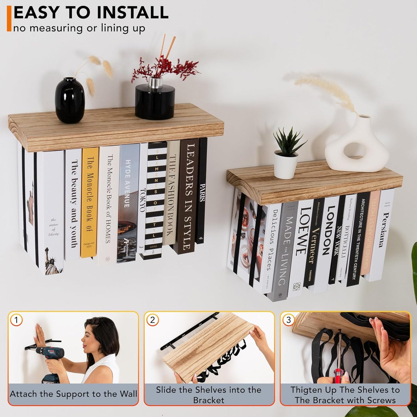 Floating Wall Bookshelves Set of 2 – Rustic Upside Down Space-Saving Book Shelves for Bedroom & Living Room Decor