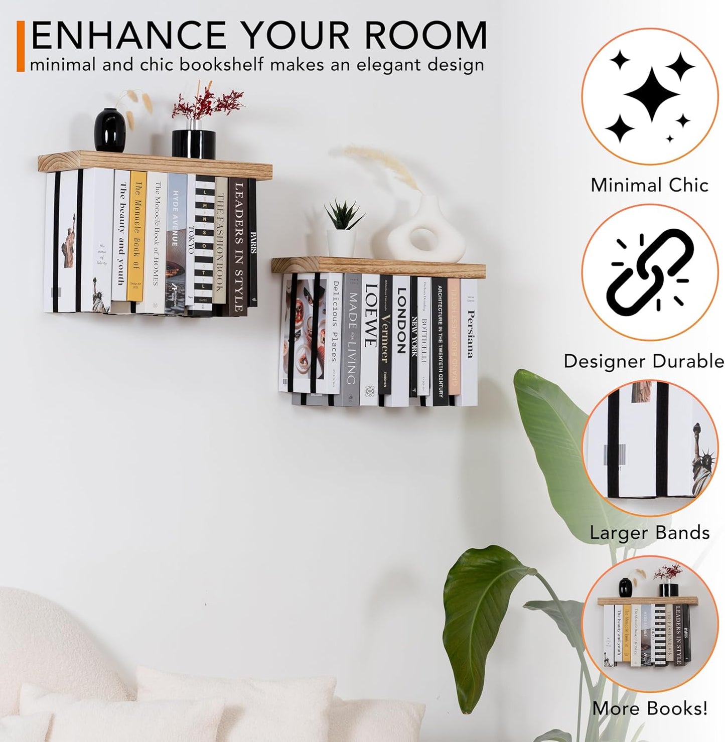 Floating Wall Bookshelves Set of 2 – Rustic Upside Down Space-Saving Book Shelves for Bedroom & Living Room Decor