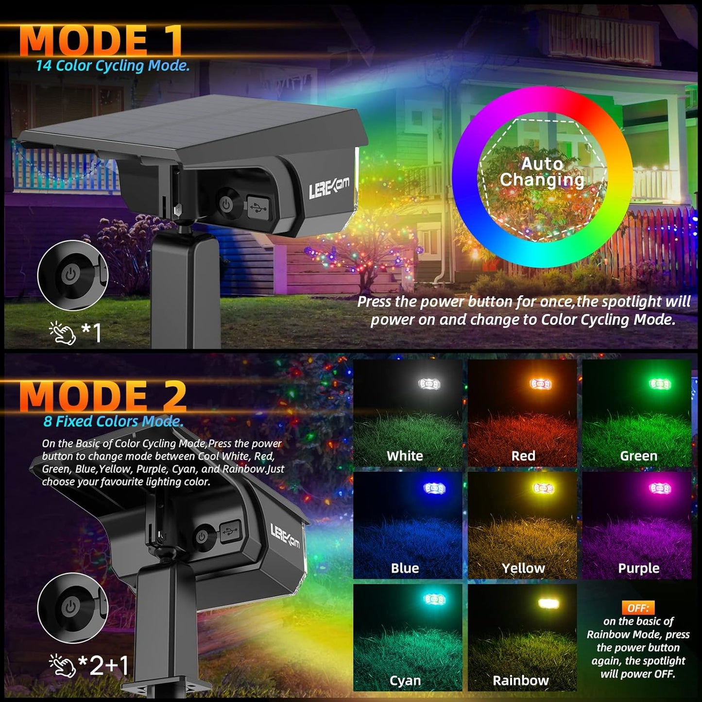 2-Pack Solar Spotlights - 40 LED RGB Color Changing Landscape Lights with USB