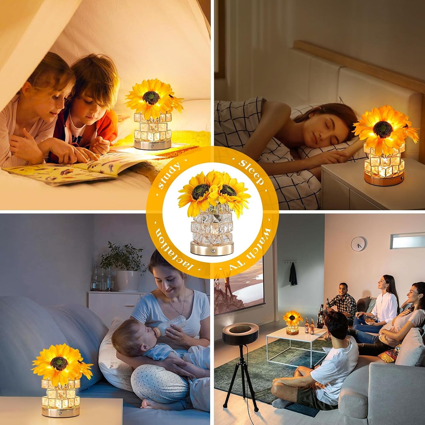 Sunflowers Flower Lamp,Rechargeable Cordless Touch Table Lamp,3-Colour Infinitely Dimming Battery Powered Small Night Light,Festival Restaurant Bedroom Bar Coffee Shop Birthday Gifts for Women Mom