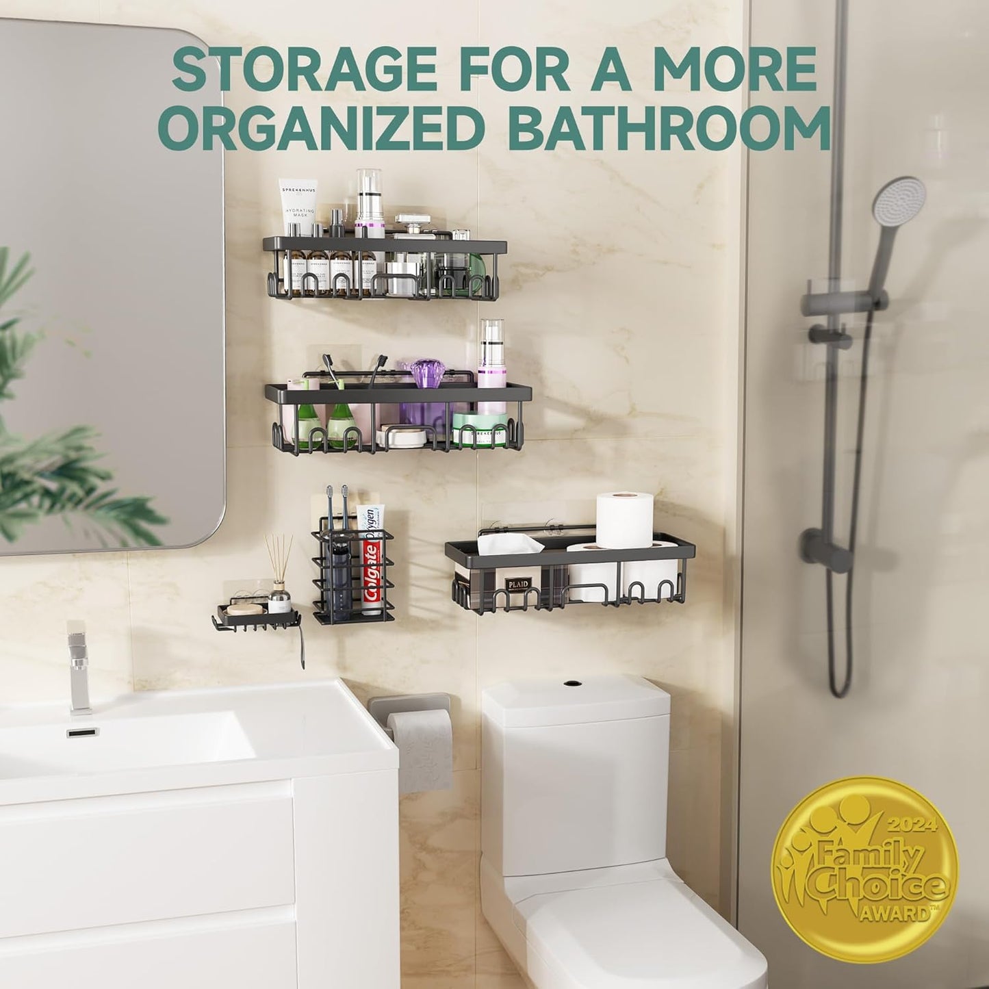 6-Pack Adhesive Shower Caddy - Rustproof Bathroom Organizer with Soap Holder (Black)