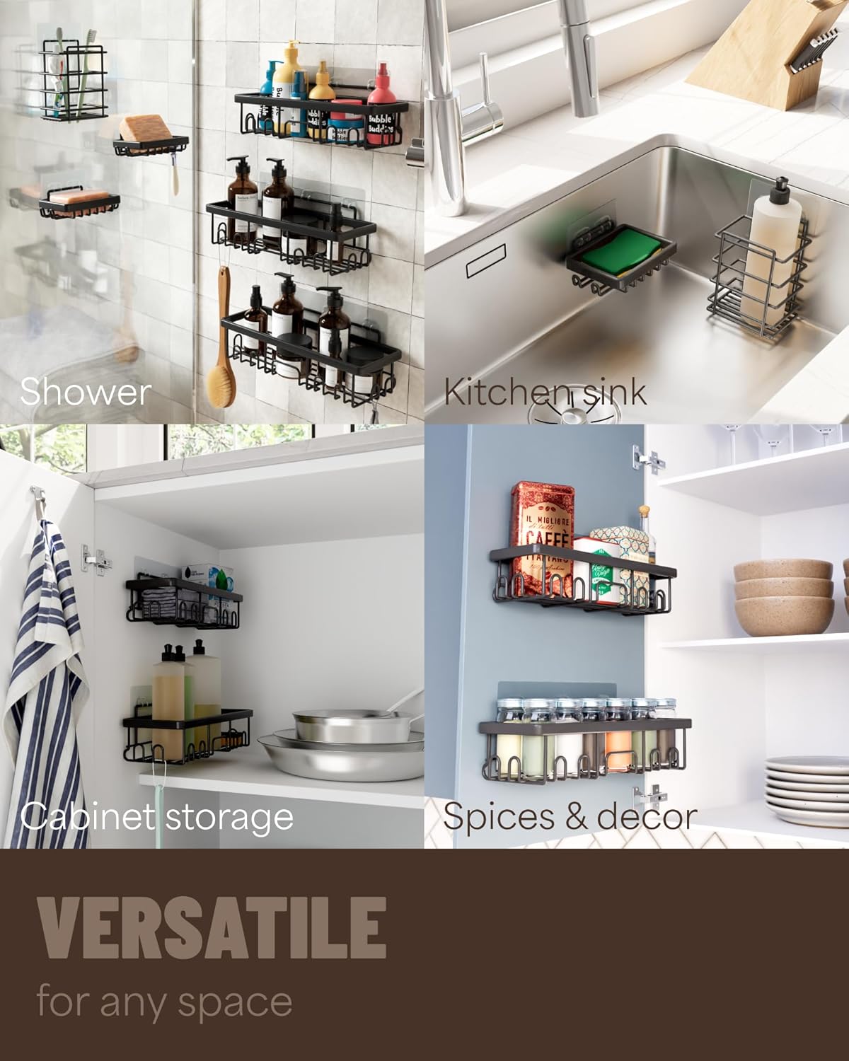 6-Pack Adhesive Shower Caddy – Rustproof Wall-Mounted Organizers with Soap Holder