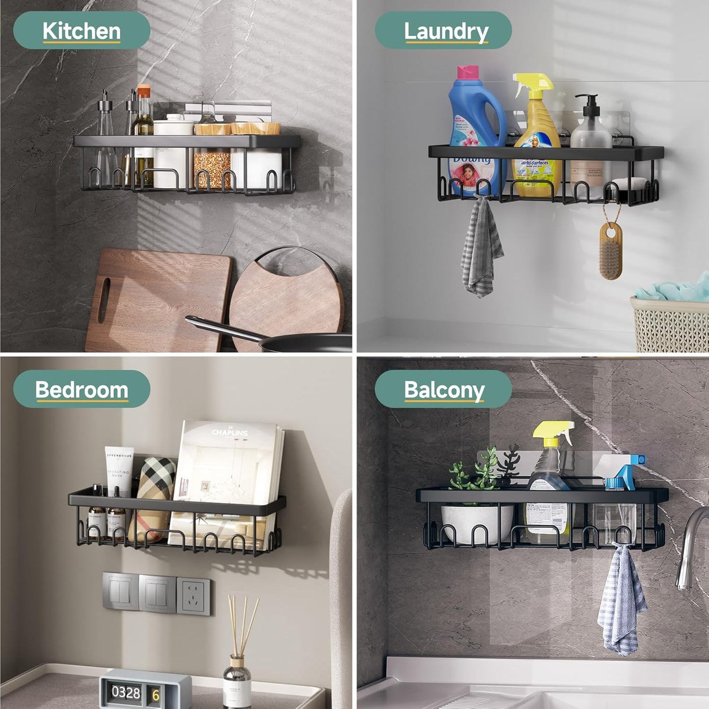 Adhesive Shower Caddy 6-Pack - Rustproof Wall-Mounted Bathroom Organizers with Soap Holder (Black)