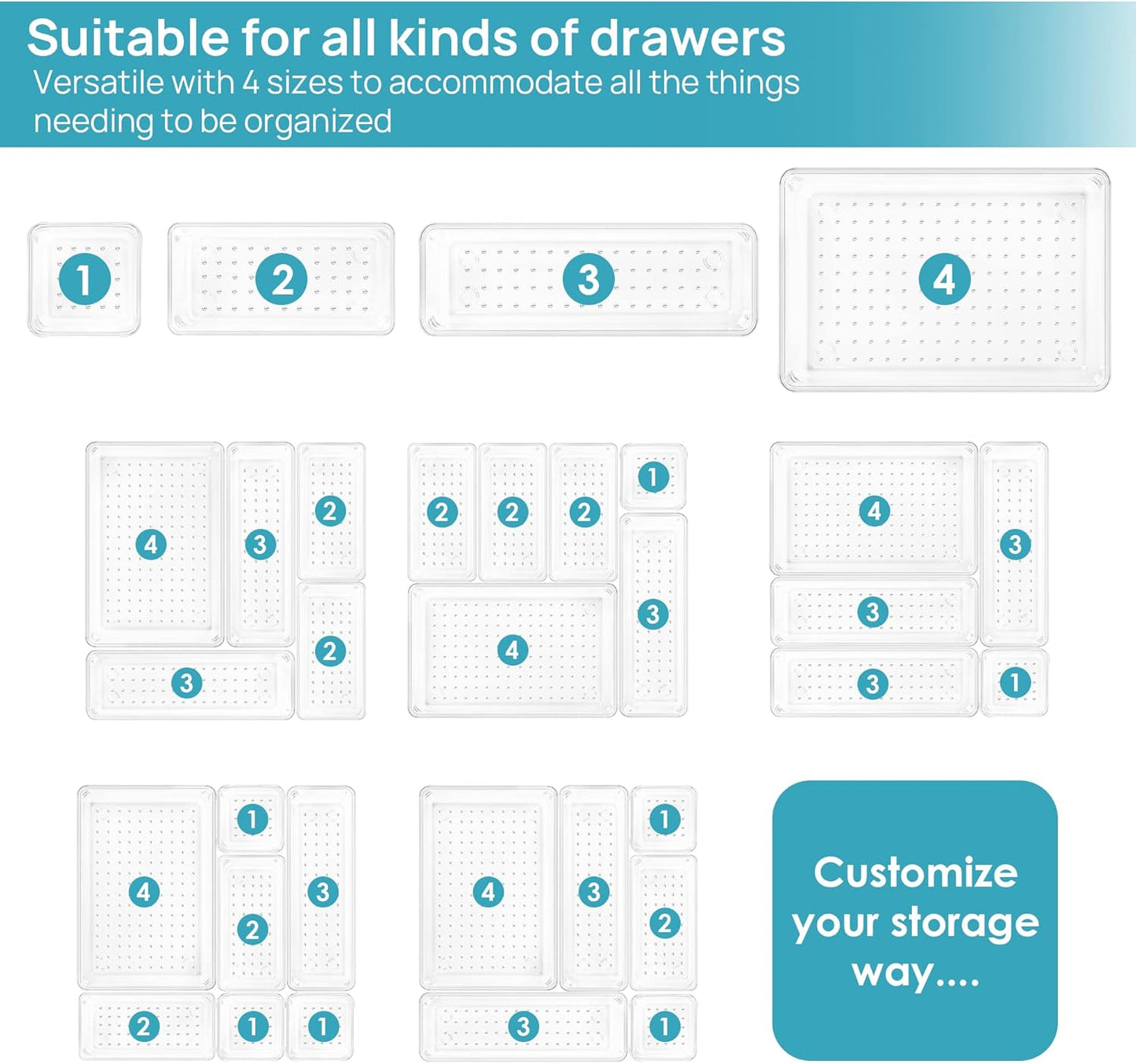 25-Piece Clear Plastic Drawer Organizers Set – 4-Size Versatile Storage Trays for Bathroom, Vanity, Makeup, Kitchen Gadgets, Utensils & Office