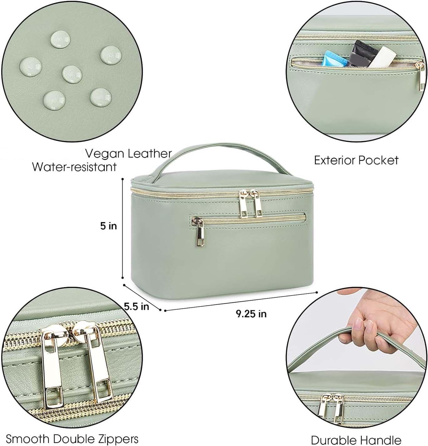 Vegan Leather Makeup Bag – Travel Cosmetic Organizer in Sage Green with Brush Holder