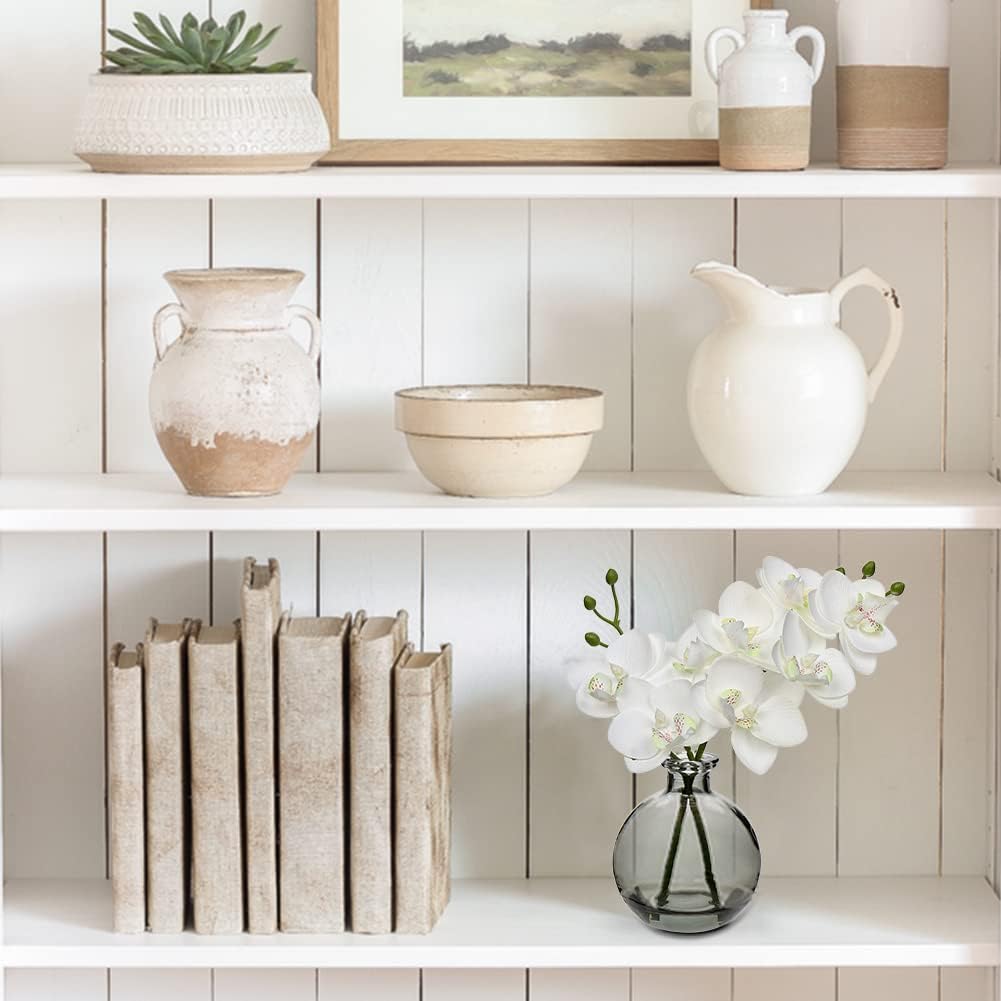 Set of 2 White Artificial Orchids – Real Touch Phalaenopsis with Black Glass Vase, Table Centerpiece