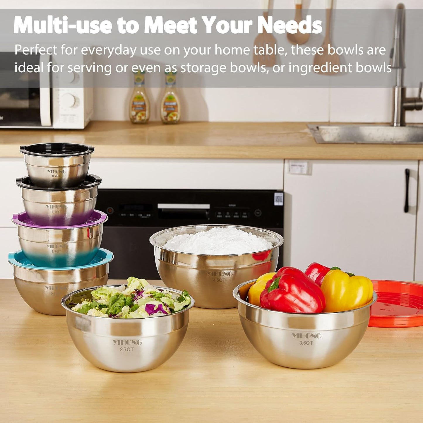 7-Piece Stainless Steel Mixing Bowls Set with Lids - Nesting Design for Baking, Cooking & Storage