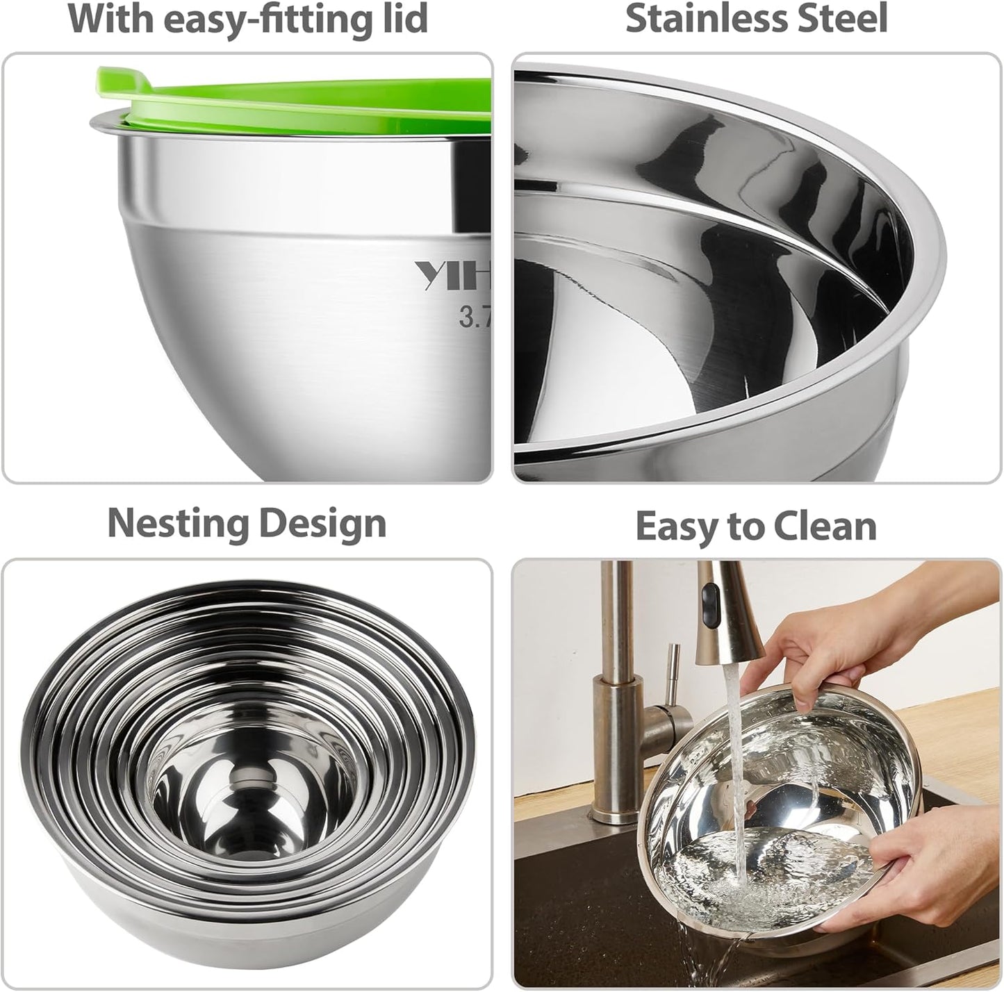 7-Piece Stainless Steel Mixing Bowls Set with Lids - Nesting Design for Baking, Cooking & Storage