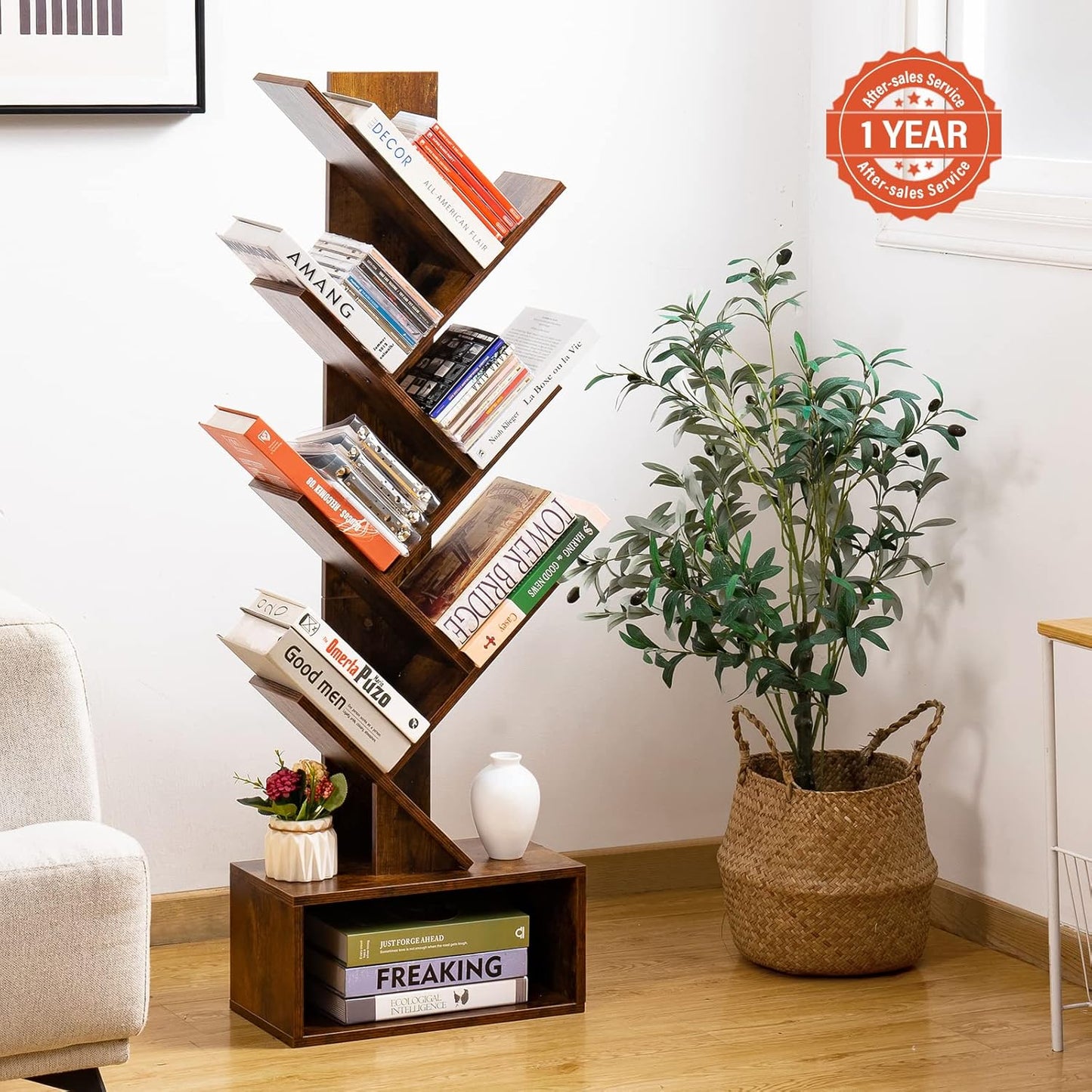 Tree Bookshelf – 6-Shelf Retro Floor Standing Bookcase, Tall Wood Storage Rack for CDs, Movies & Books (Bedroom, Living Room, Home Office)