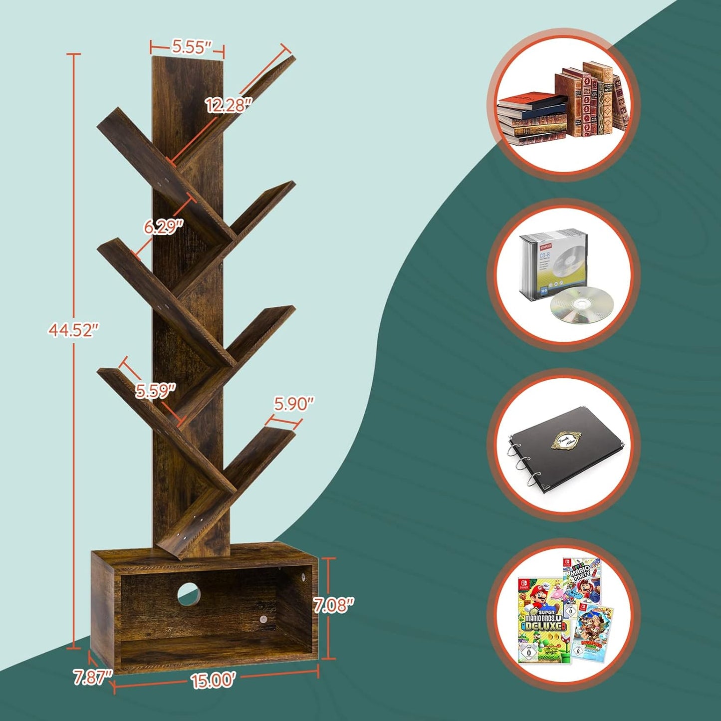 Tree Bookshelf – 6-Shelf Retro Floor Standing Bookcase, Tall Wood Storage Rack for CDs, Movies & Books (Bedroom, Living Room, Home Office)