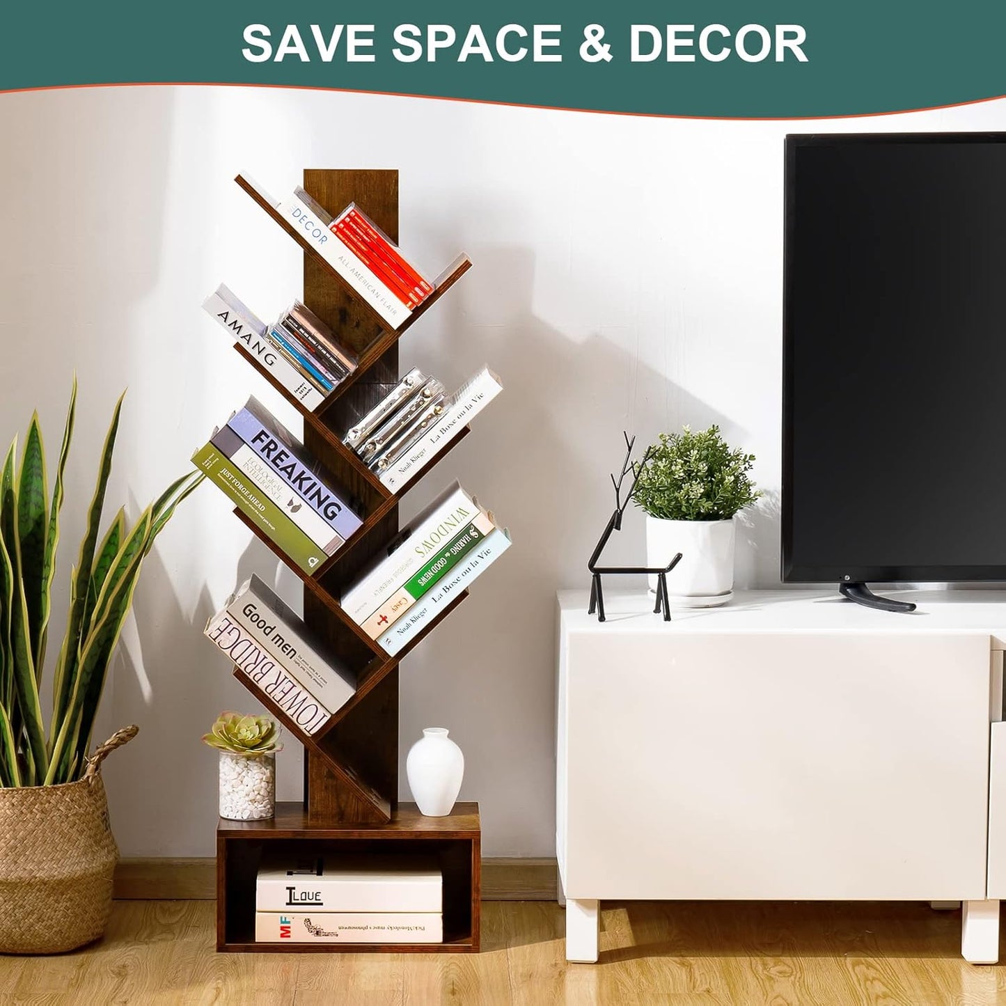 Tree Bookshelf – 6-Shelf Retro Floor Standing Bookcase, Tall Wood Storage Rack for CDs, Movies & Books (Bedroom, Living Room, Home Office)