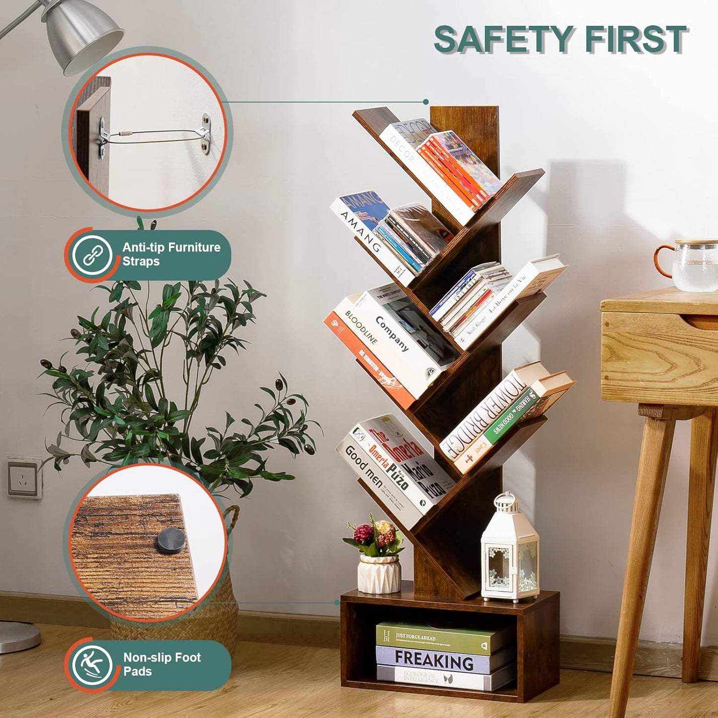 Tree Bookshelf – 6-Shelf Retro Floor Standing Bookcase, Tall Wood Storage Rack for CDs, Movies & Books (Bedroom, Living Room, Home Office)