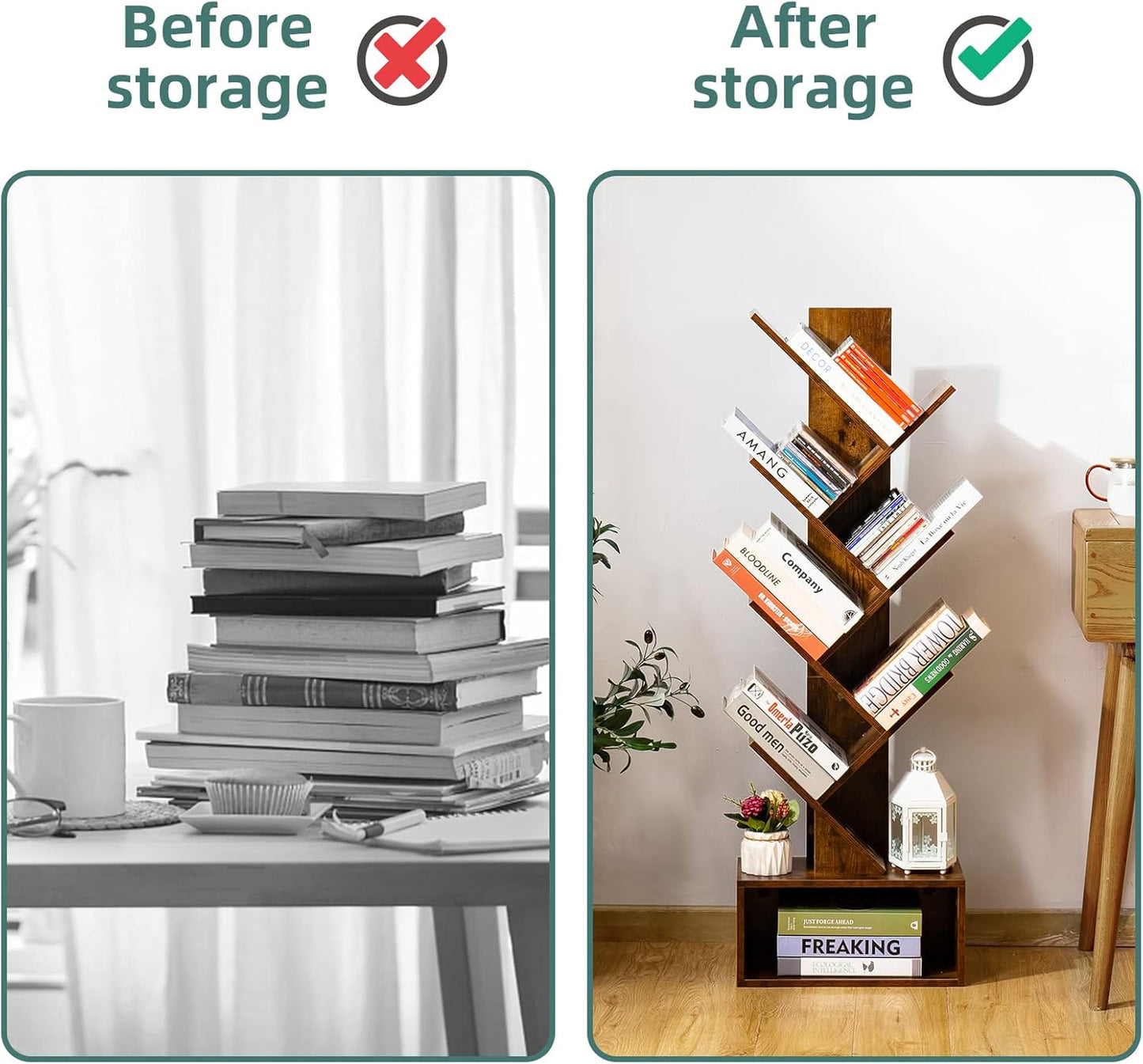 Tree Bookshelf – 6-Shelf Retro Floor Standing Bookcase, Tall Wood Storage Rack for CDs, Movies & Books (Bedroom, Living Room, Home Office)