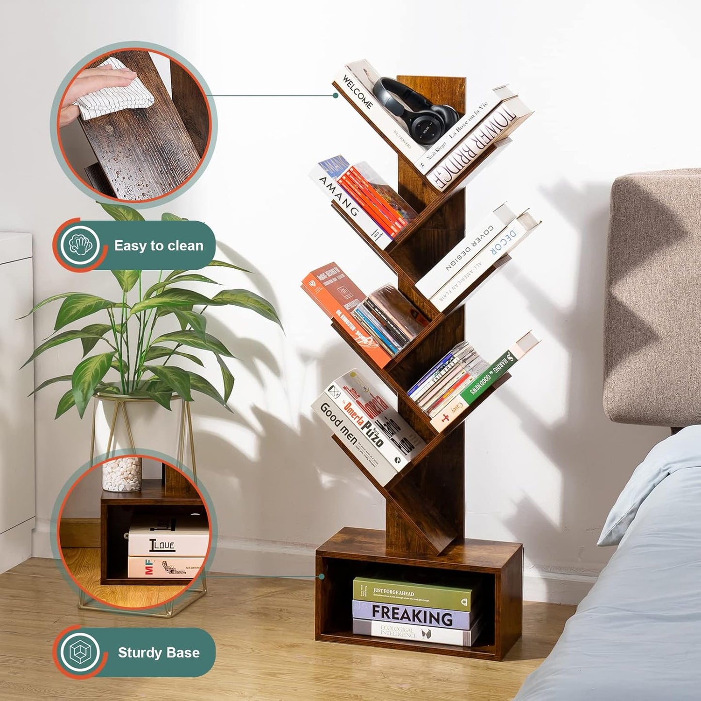 Tree Bookshelf – 6-Shelf Retro Floor Standing Bookcase, Tall Wood Storage Rack for CDs, Movies & Books (Bedroom, Living Room, Home Office)
