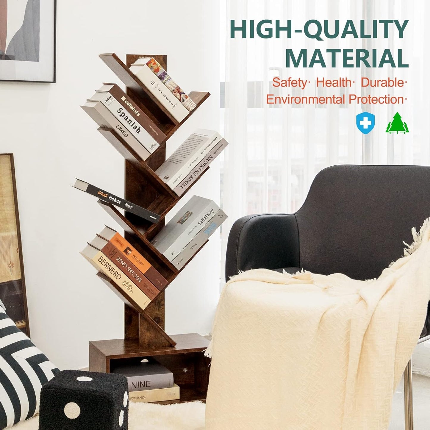 Tree Bookshelf – 6-Shelf Retro Floor Standing Bookcase, Tall Wood Storage Rack for CDs, Movies & Books (Bedroom, Living Room, Home Office)